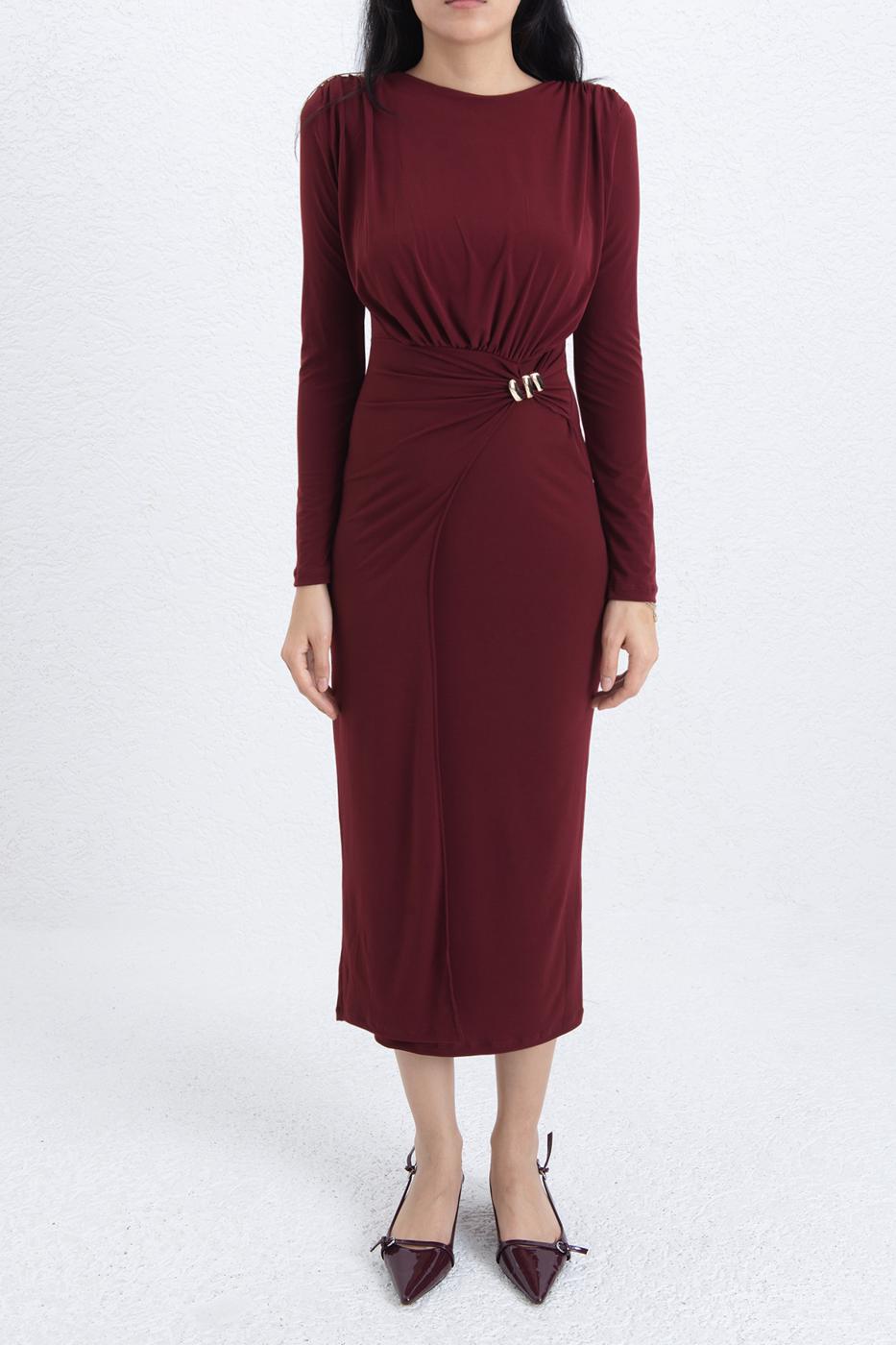 Midi Dress with Buckle Detail Burgundy