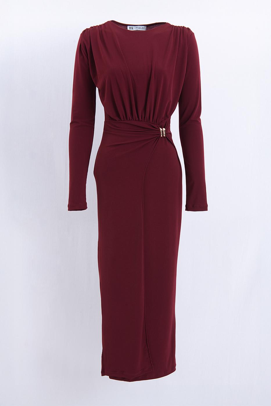 Midi Dress with Buckle Detail Burgundy