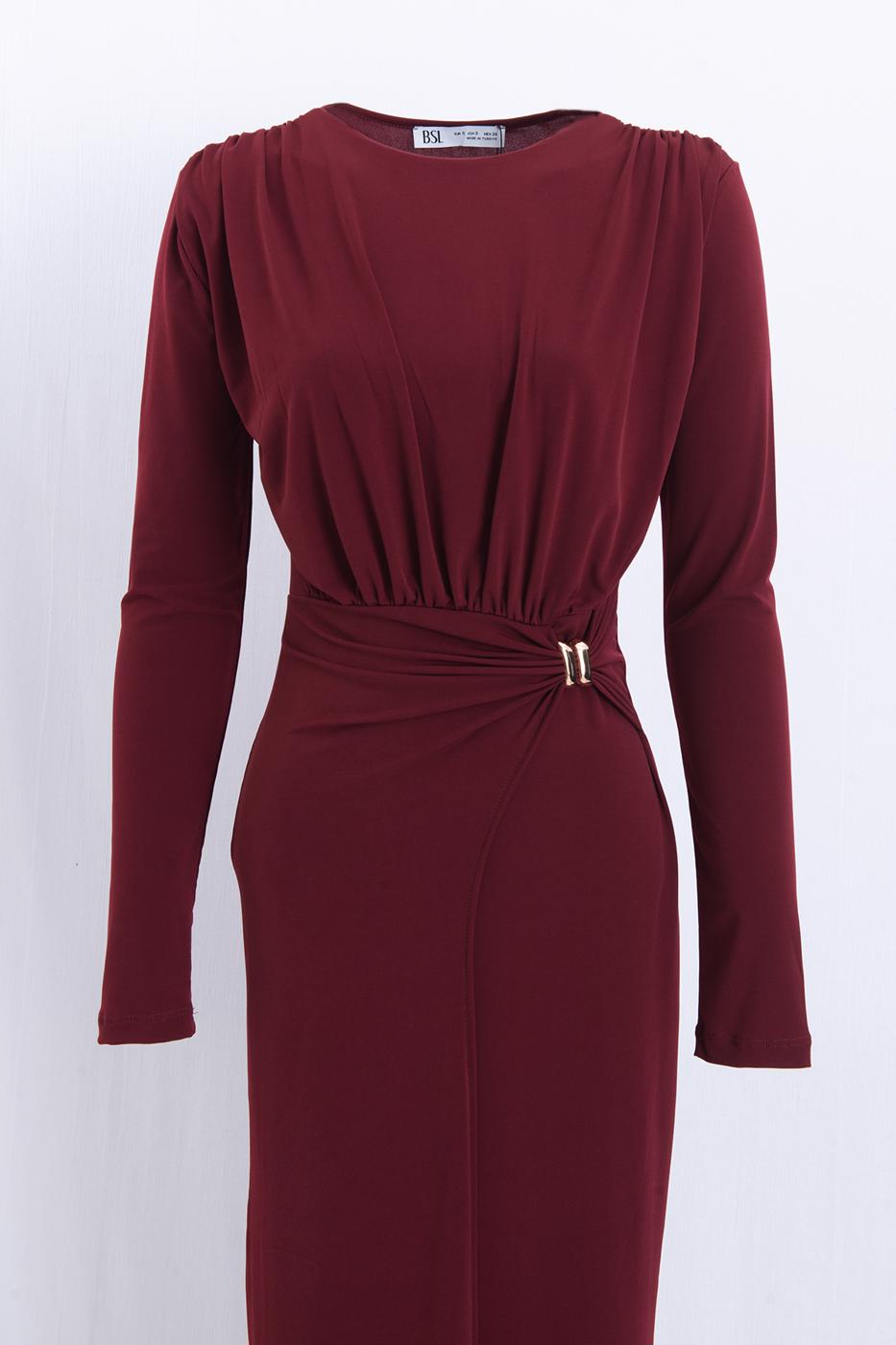 Midi Dress with Buckle Detail Burgundy