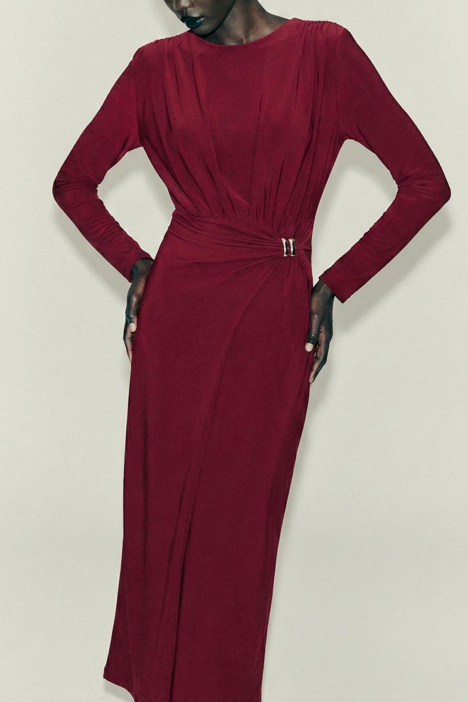 Midi Dress with Buckle Detail Burgundy
