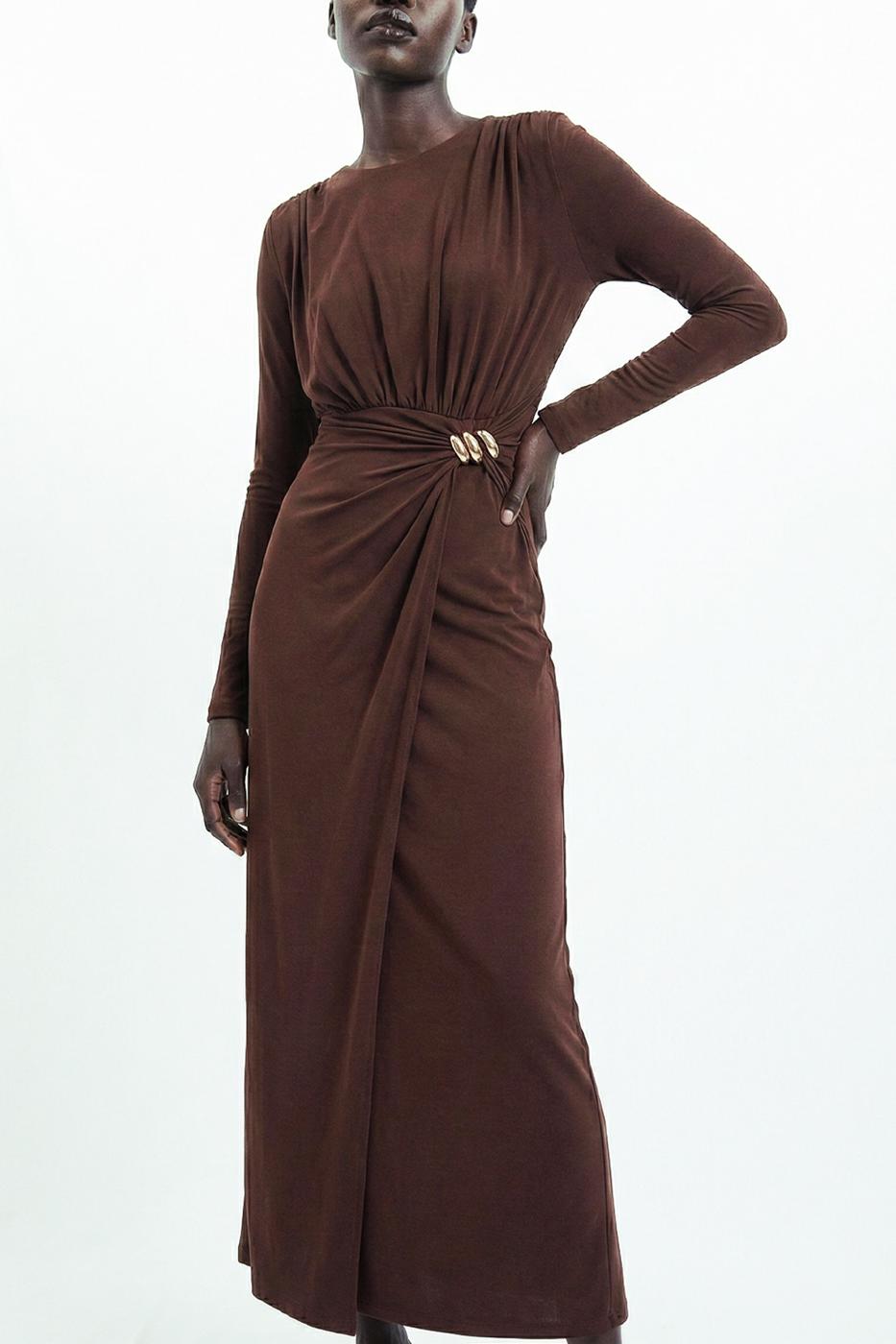 Midi Dress with Buckle Detail Brown