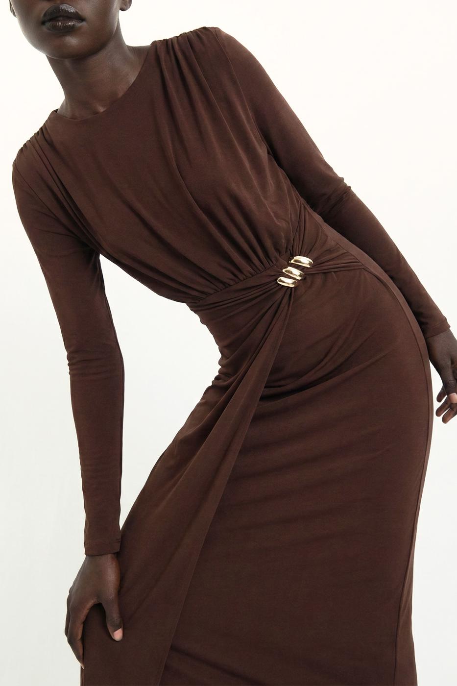 Midi Dress with Buckle Detail Brown