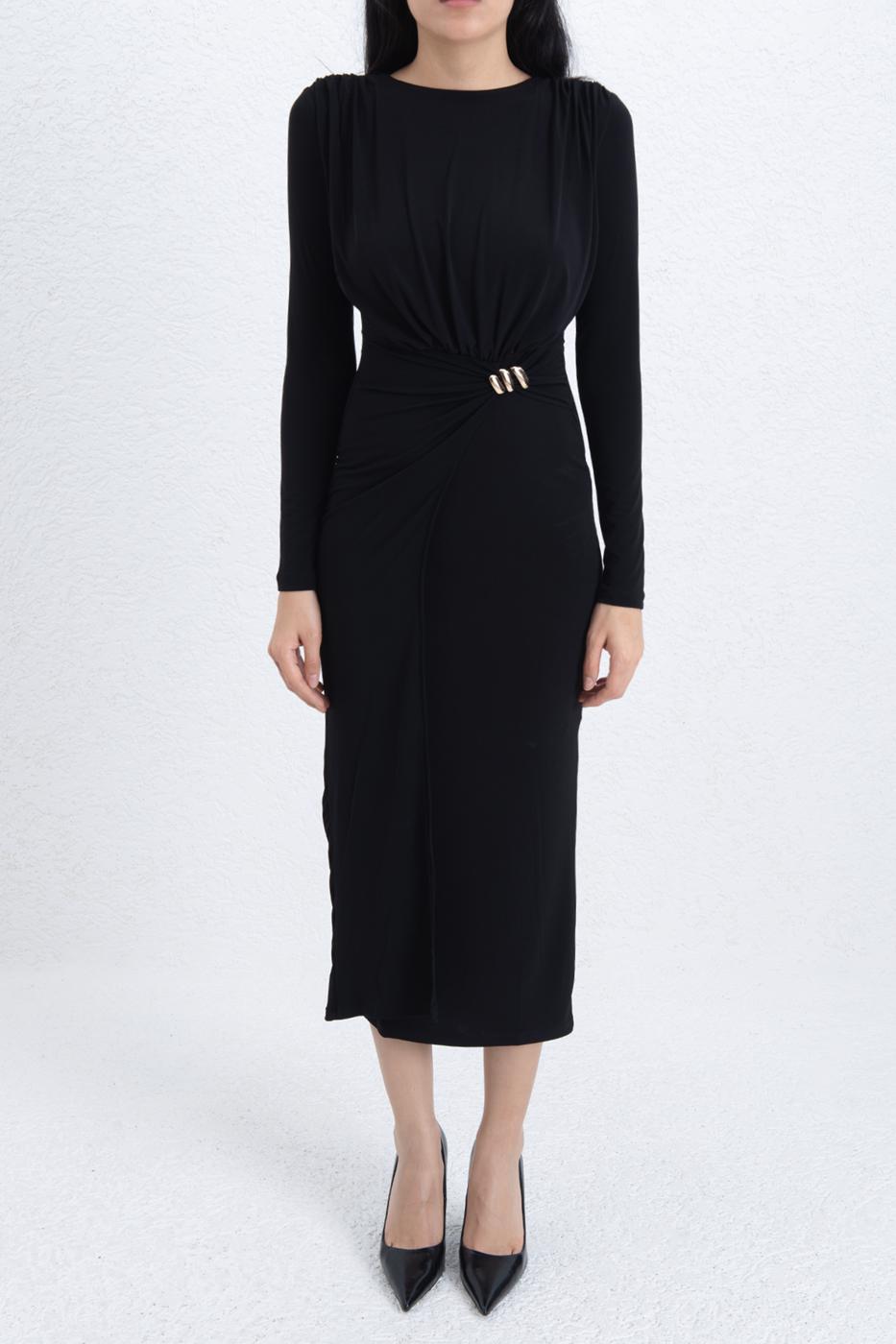 Midi Dress with Buckle Detail Black