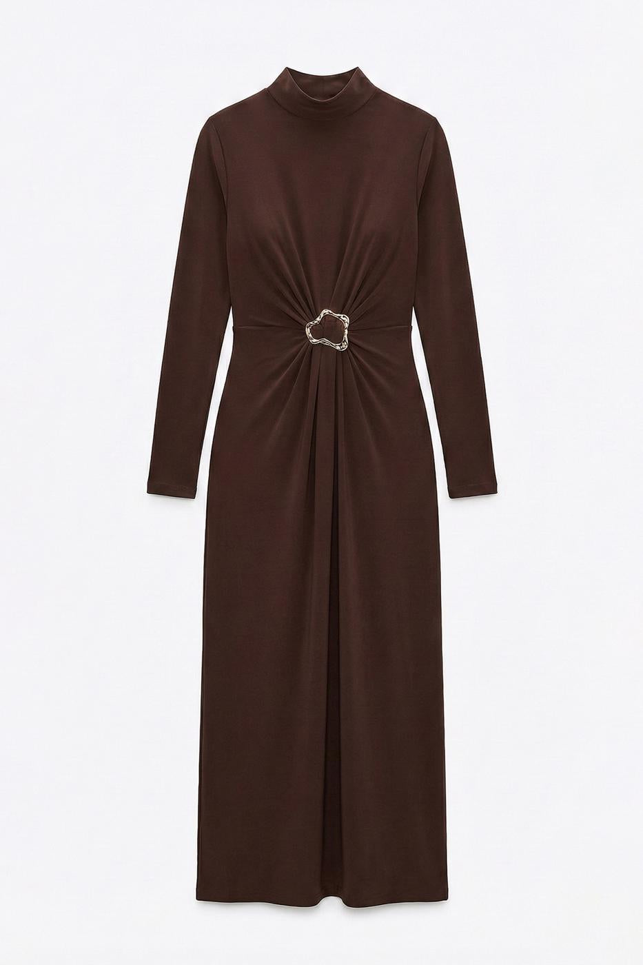 Midi Dress with Buckle Detail Brown