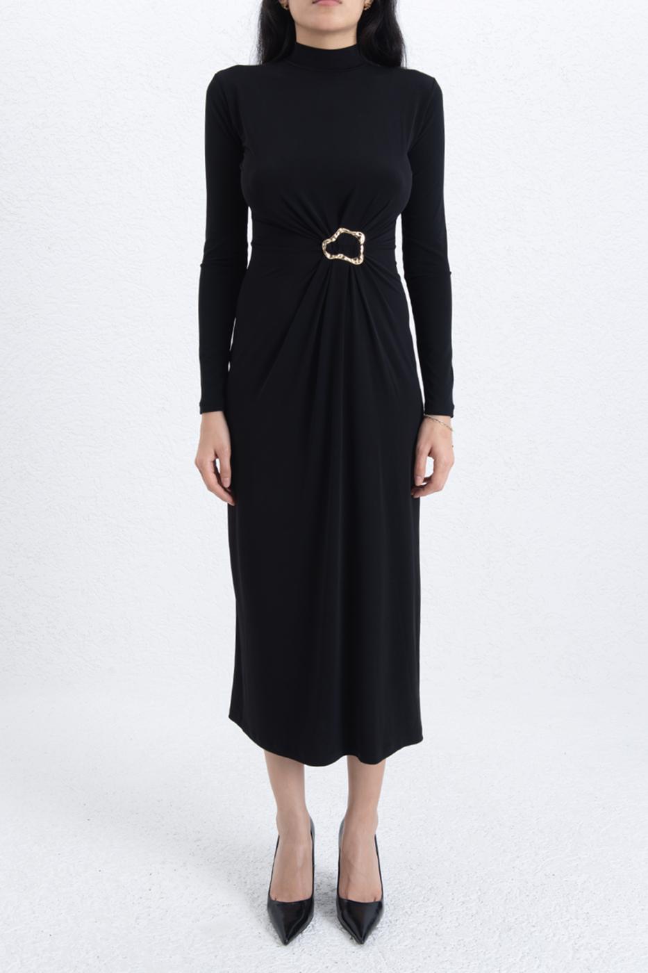 Midi Dress with Buckle Detail Black