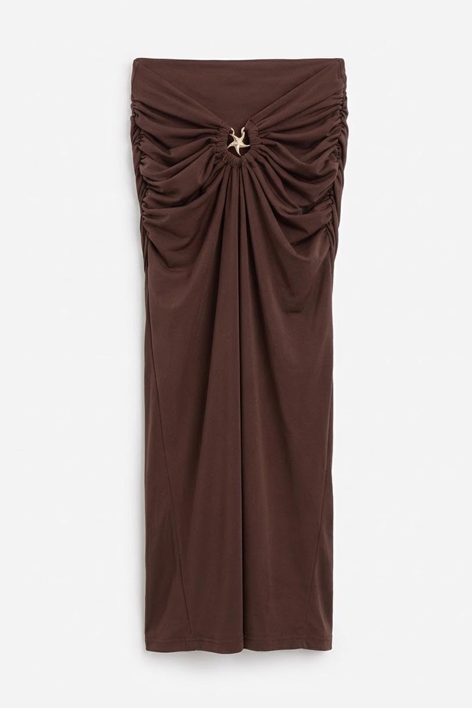 Midi Skirt with Buckle and Drape Details Brown