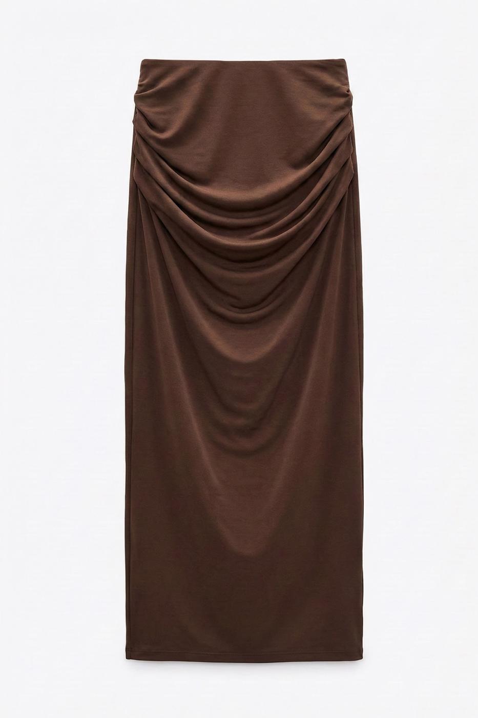 Midi Skirt with Buckle and Drape Details Brown