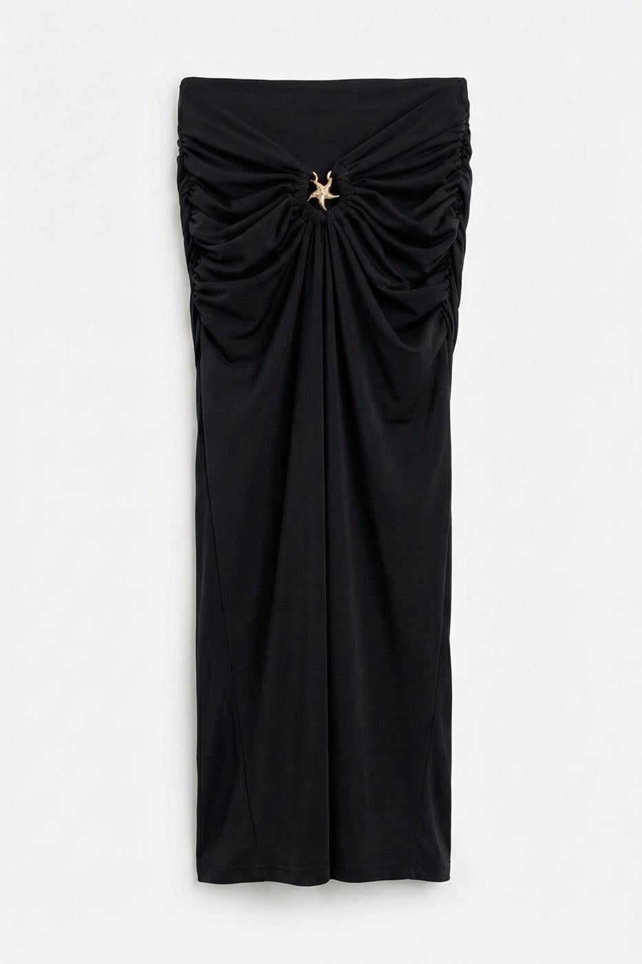 Midi Skirt with Buckle and Drape Details Black