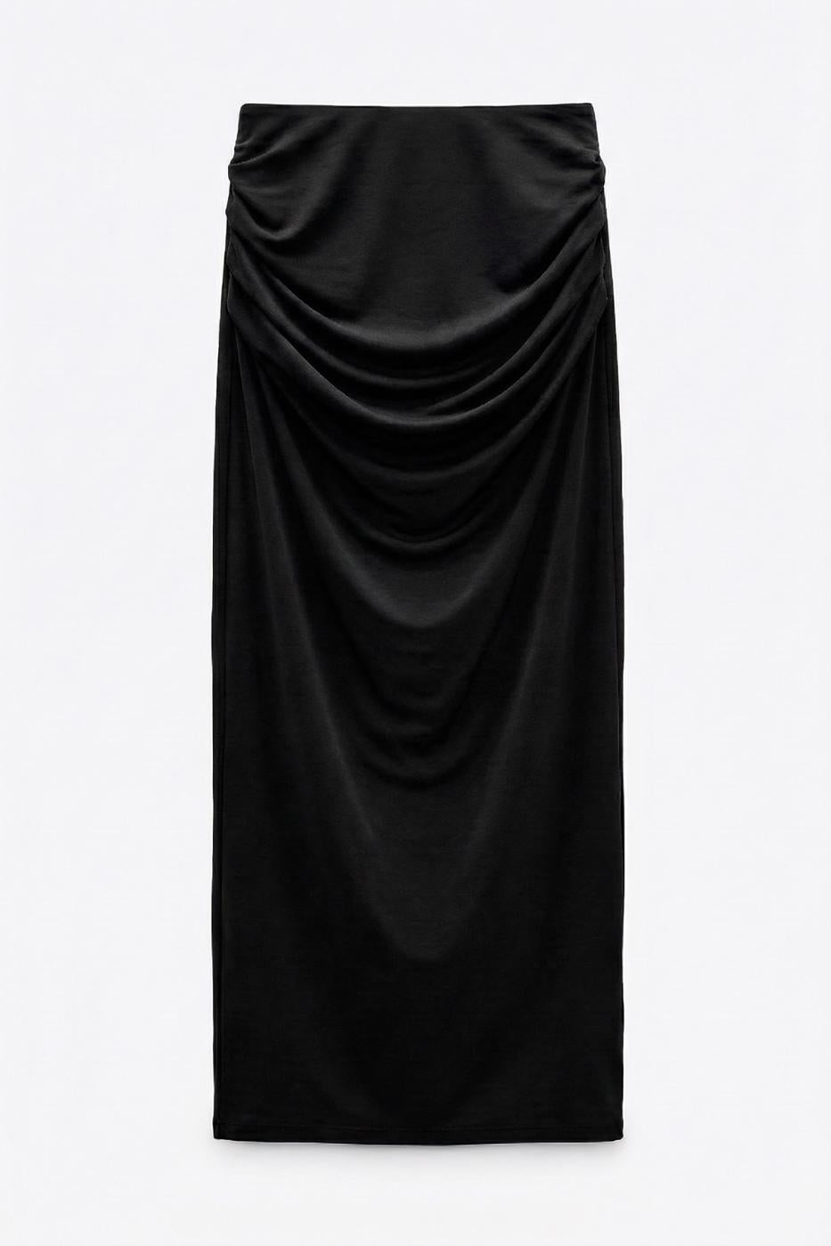 Midi Skirt with Buckle and Drape Details Black