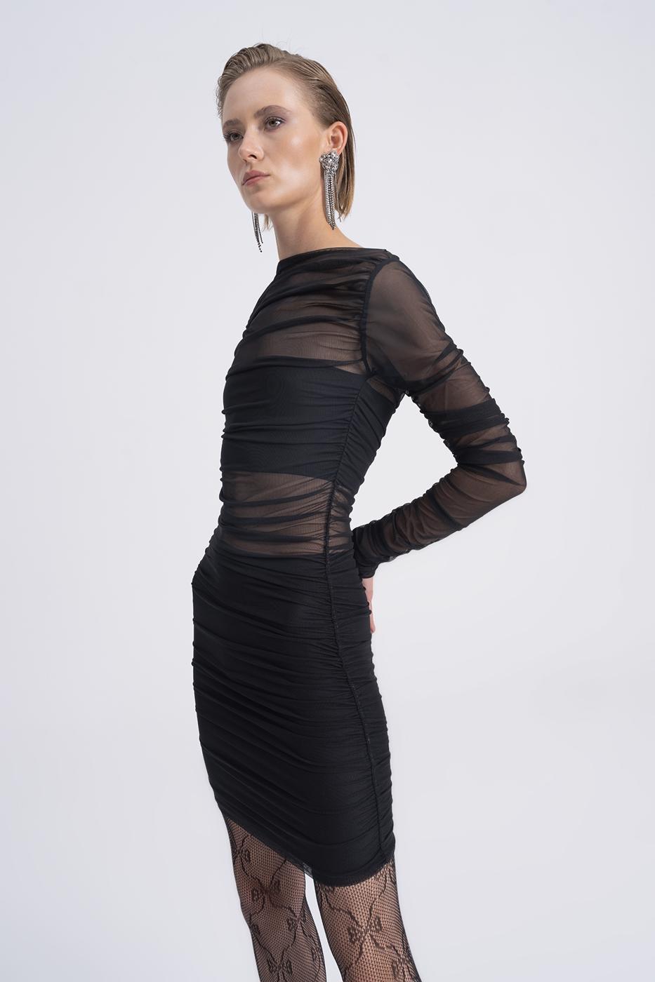 Sheer Draped Tulle Mini Dress Black