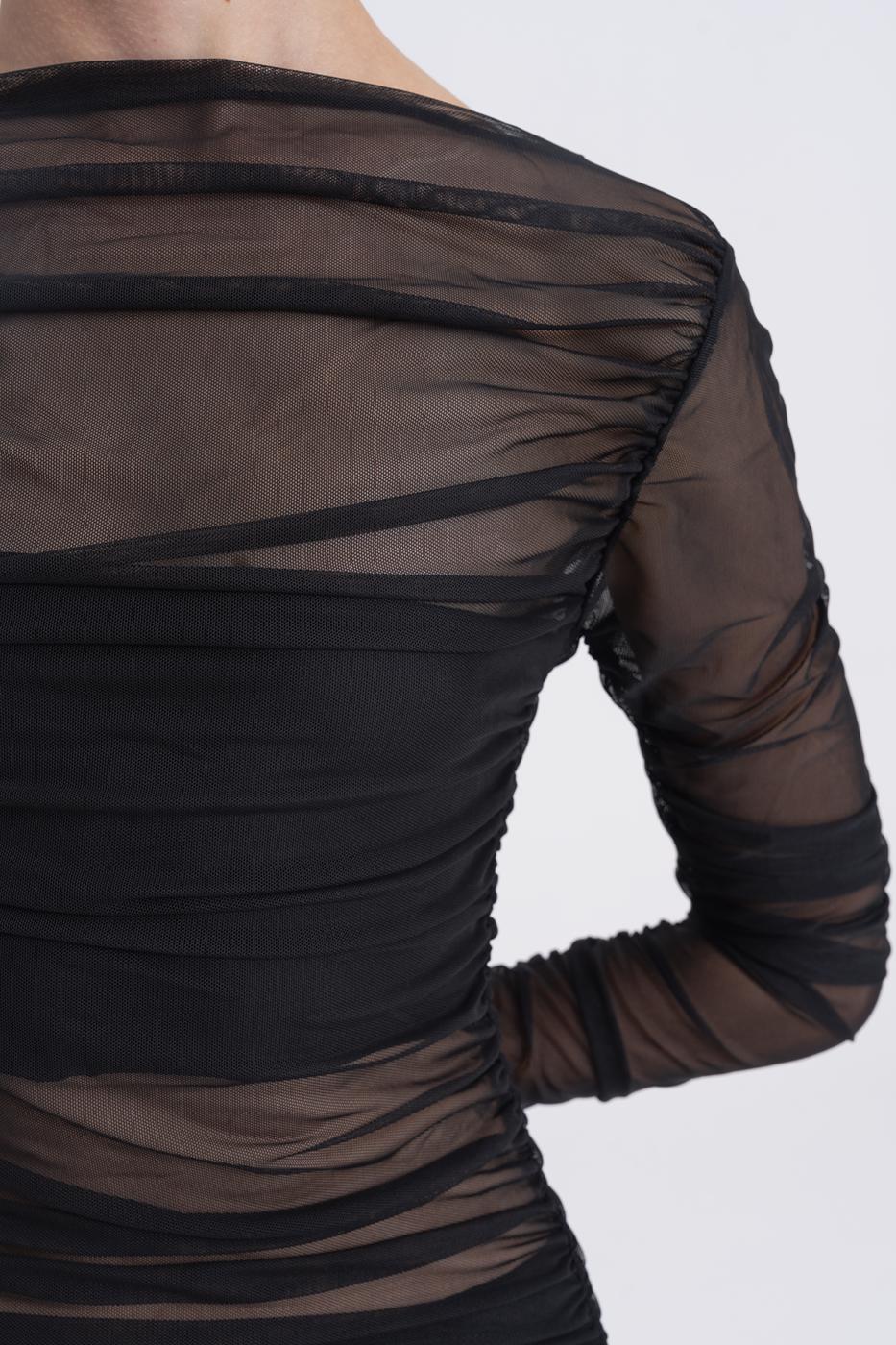 Sheer Draped Tulle Mini Dress Black