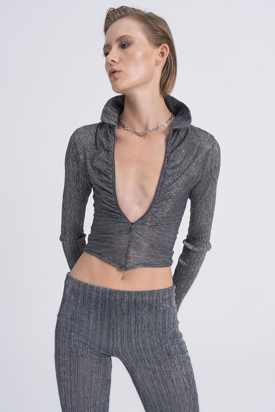 Transparent Polo Collar Crop Top