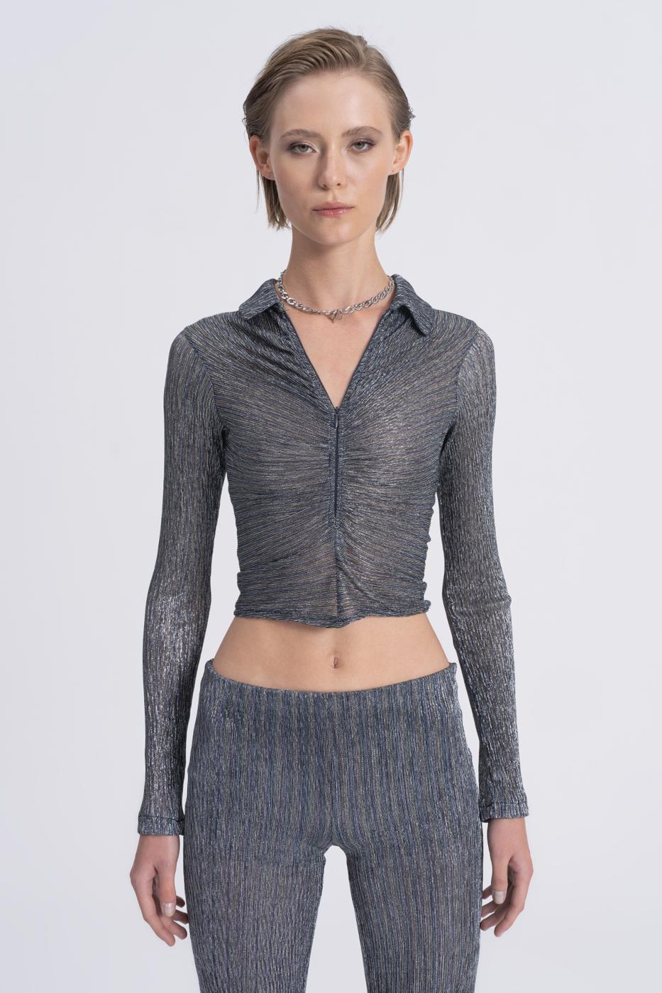 Transparent Polo Collar Crop Top