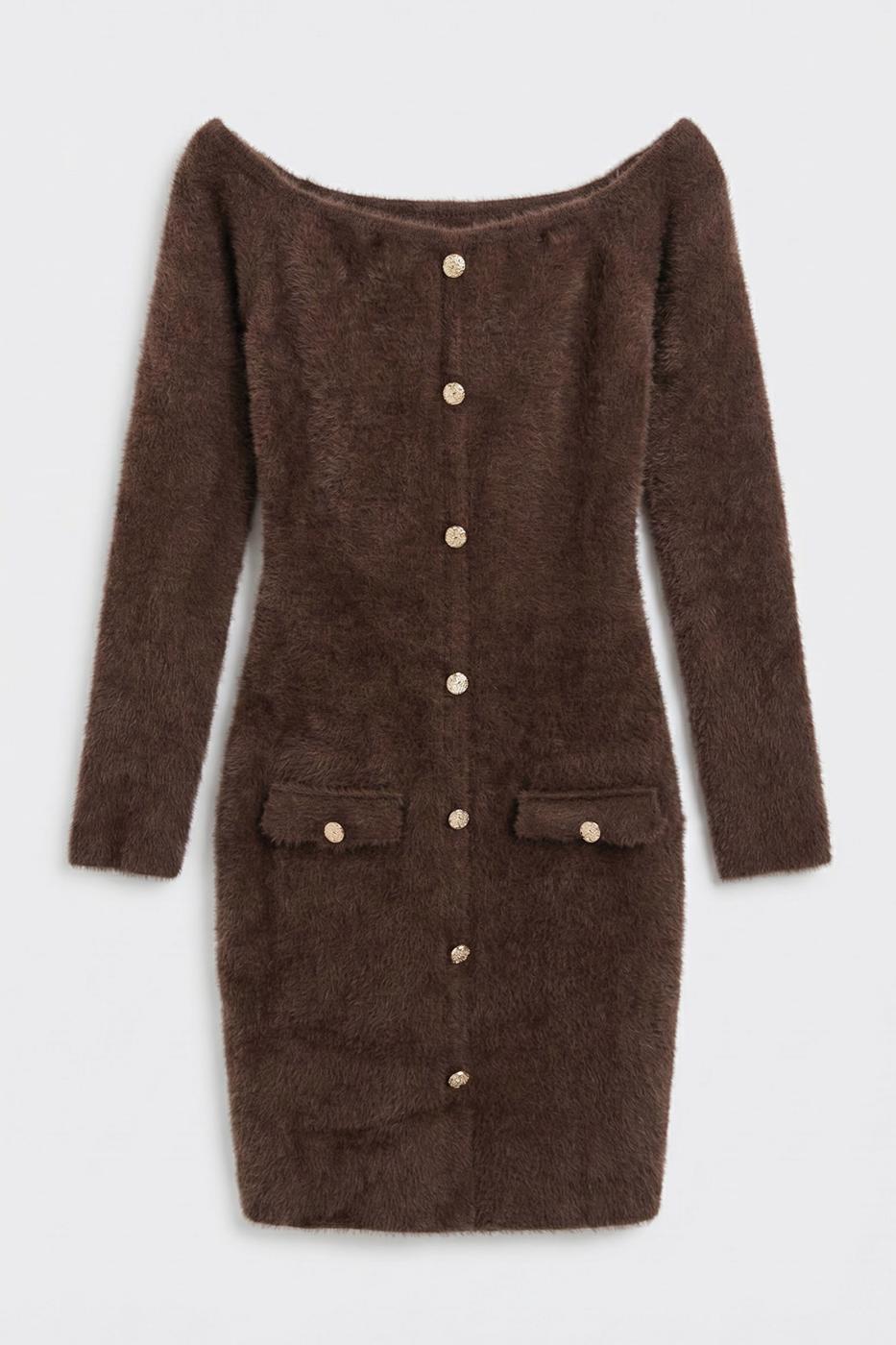 Knitted Carmel Collar Mini Dress Brown