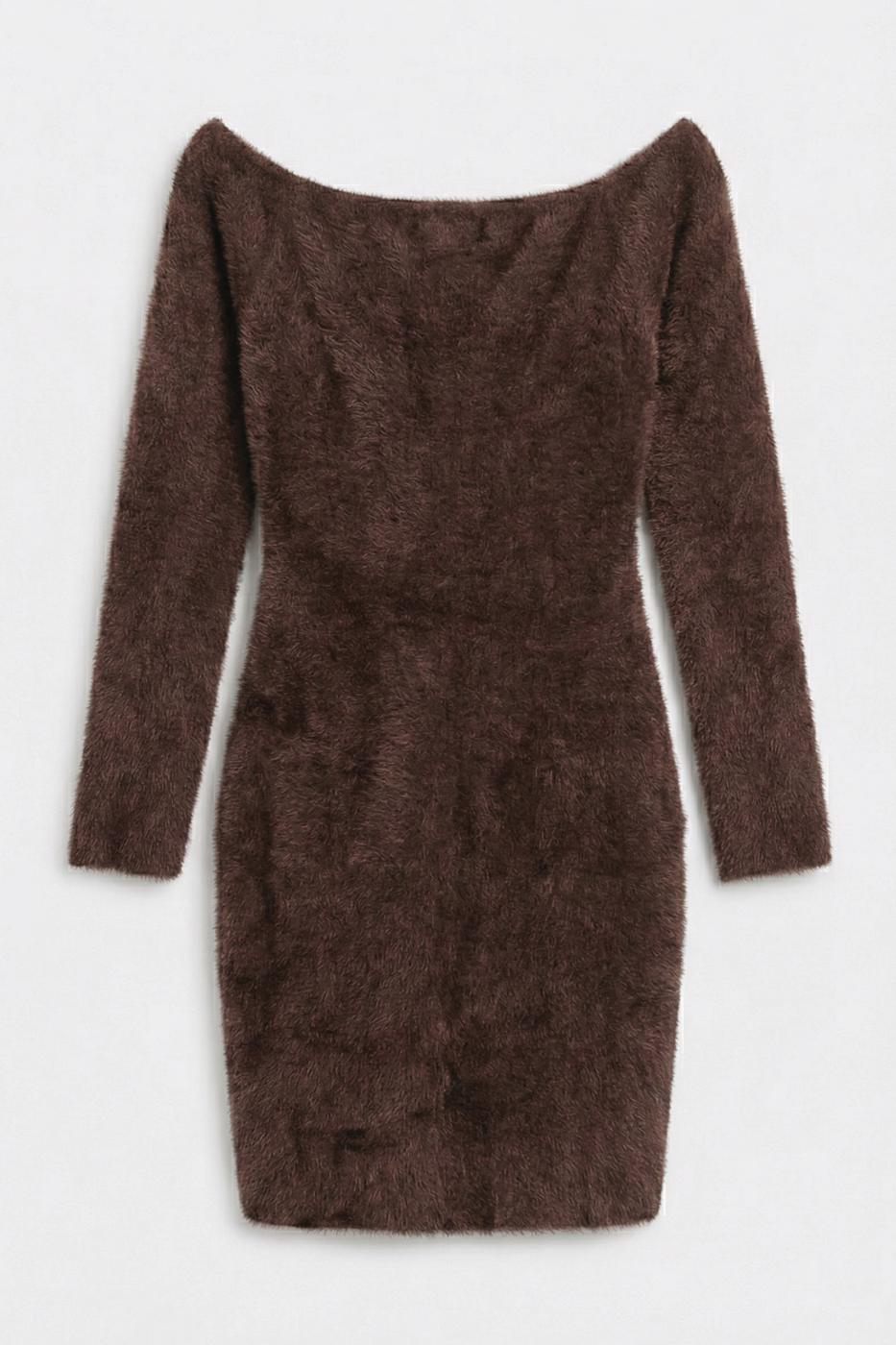 Knitted Carmel Collar Mini Dress Brown