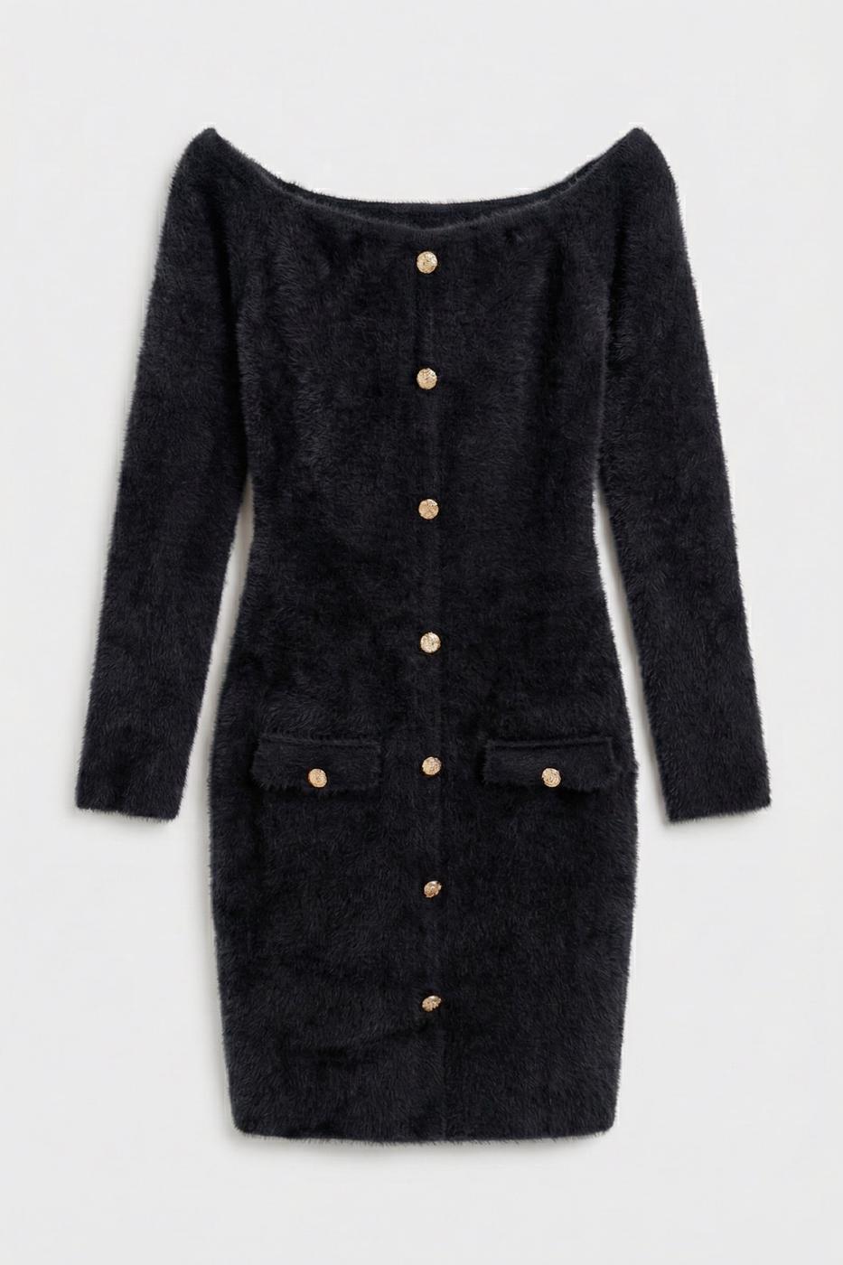 Knitted Carmel Collar Mini Dress Black