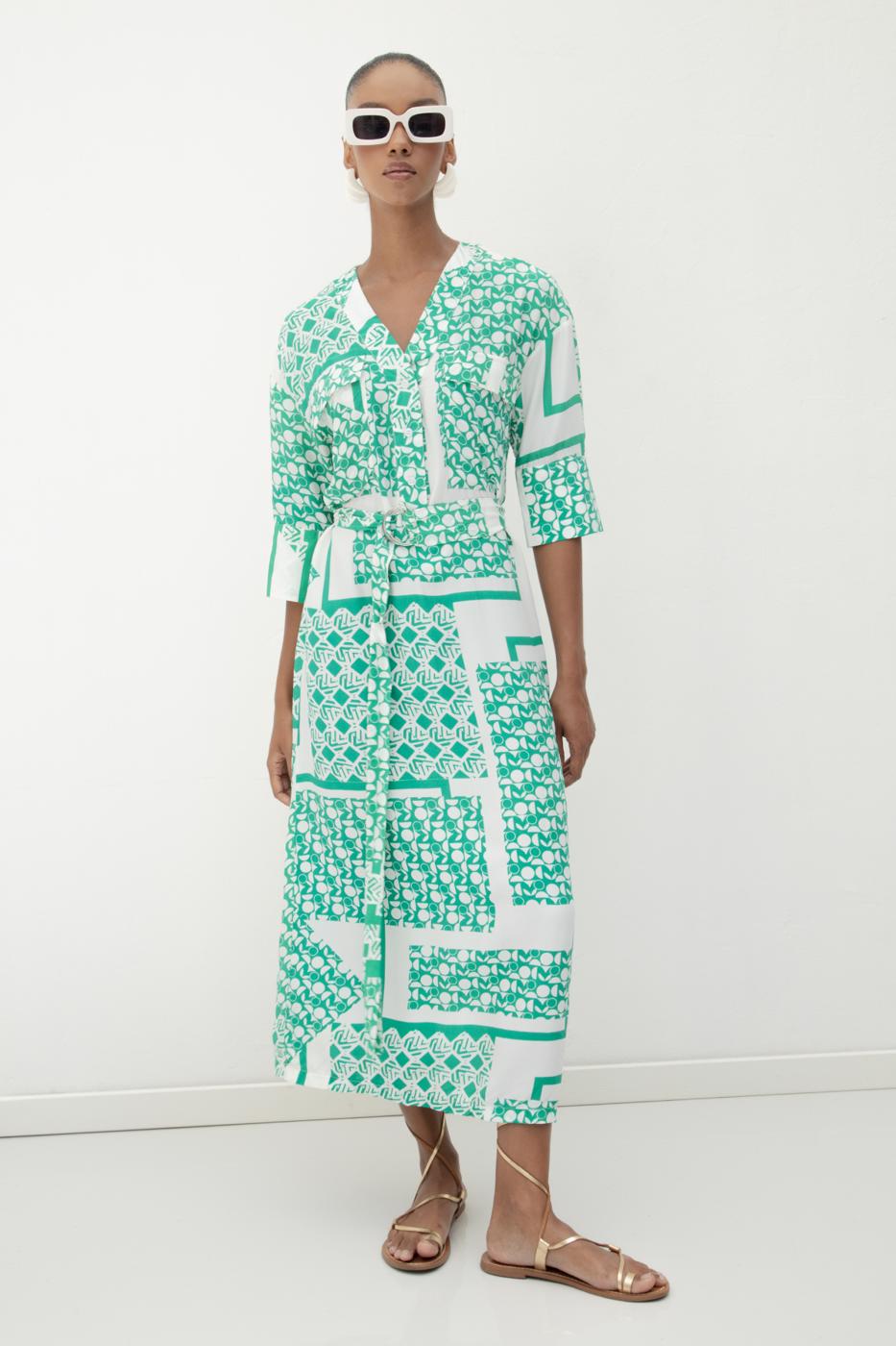 Three Quarter Sleeve Midi Patterned Dress Green