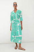 Three Quarter Sleeve Midi Patterned Dress Green