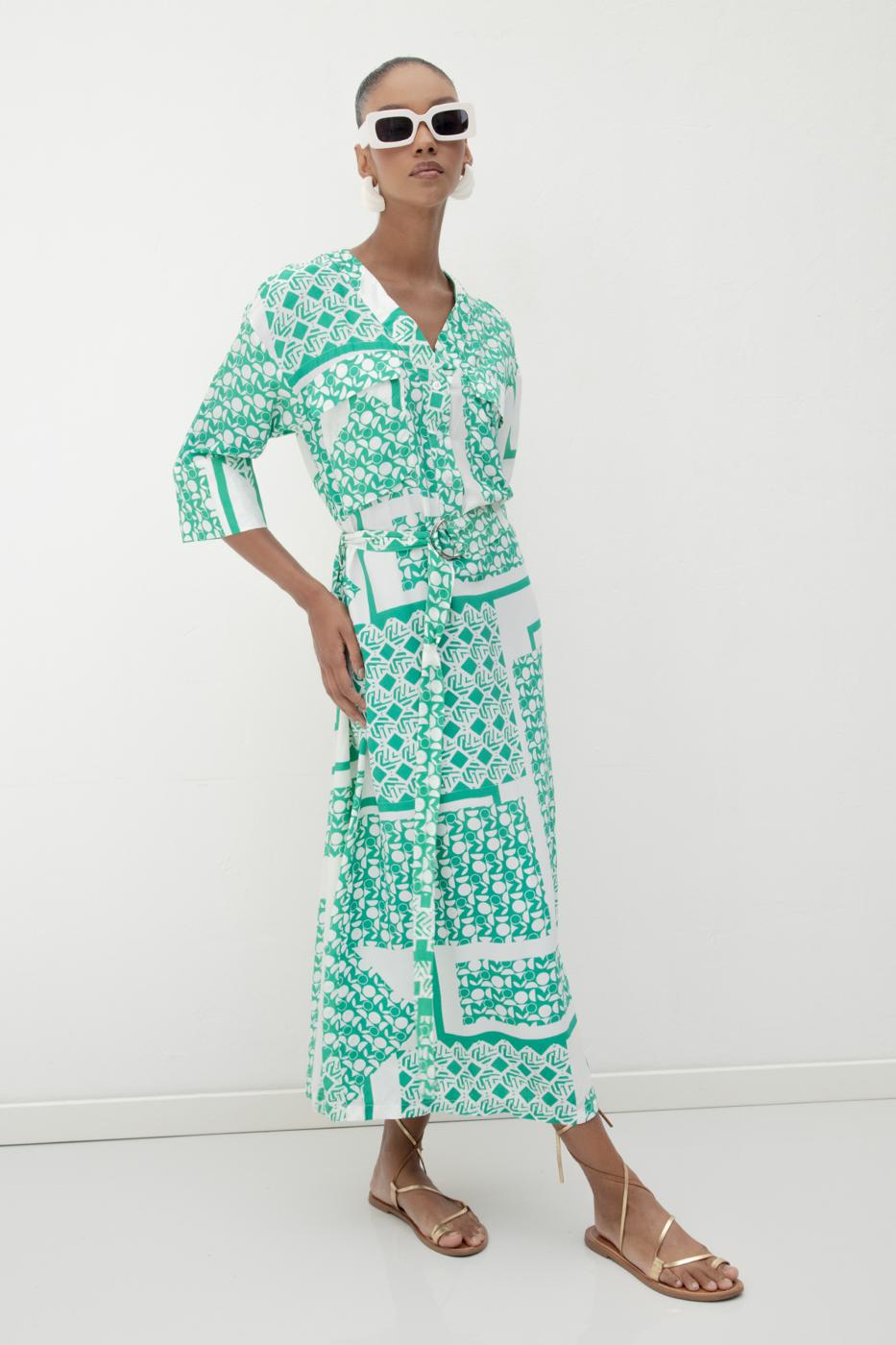Three Quarter Sleeve Midi Patterned Dress Green