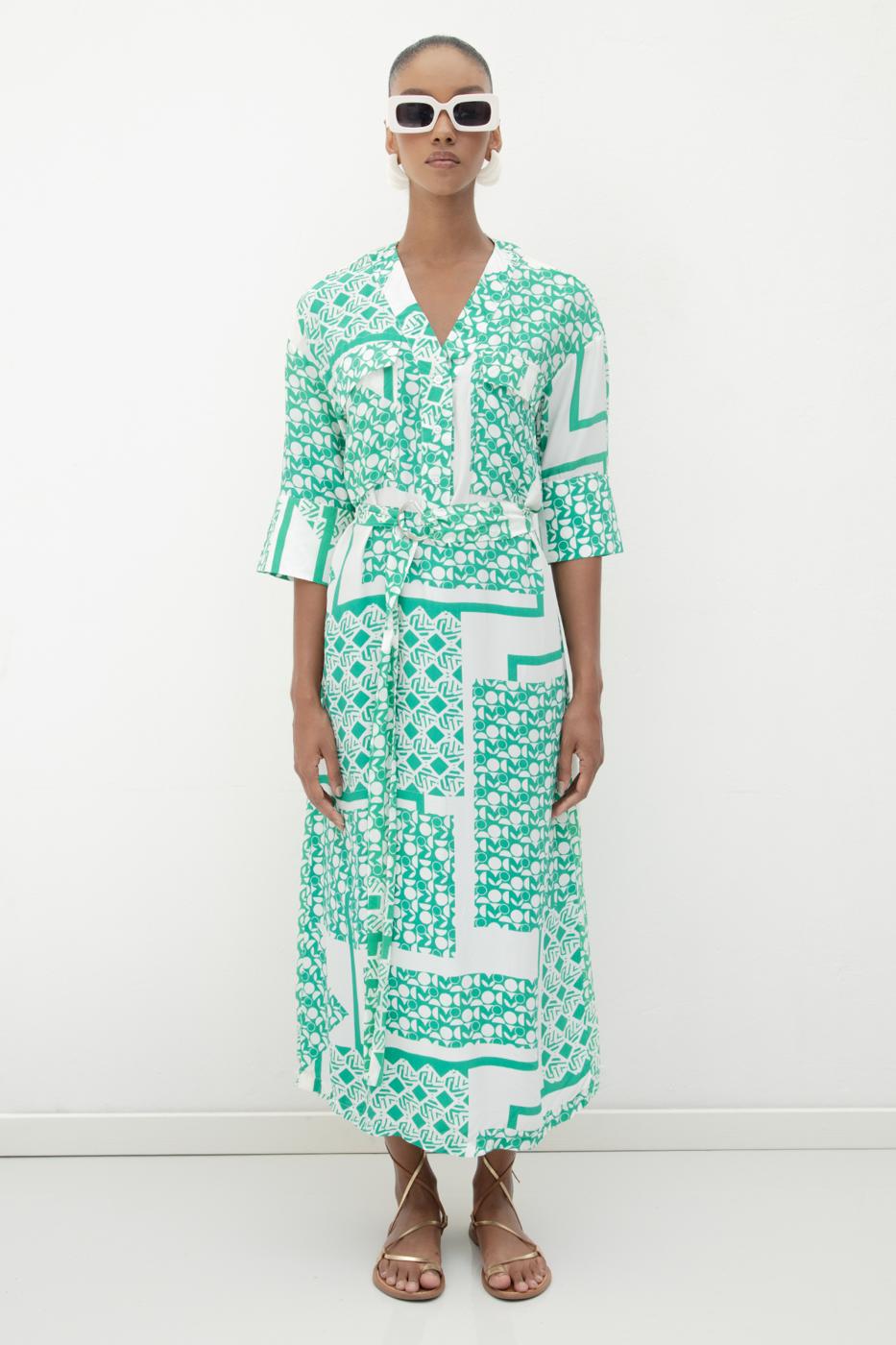 Three Quarter Sleeve Midi Patterned Dress Green