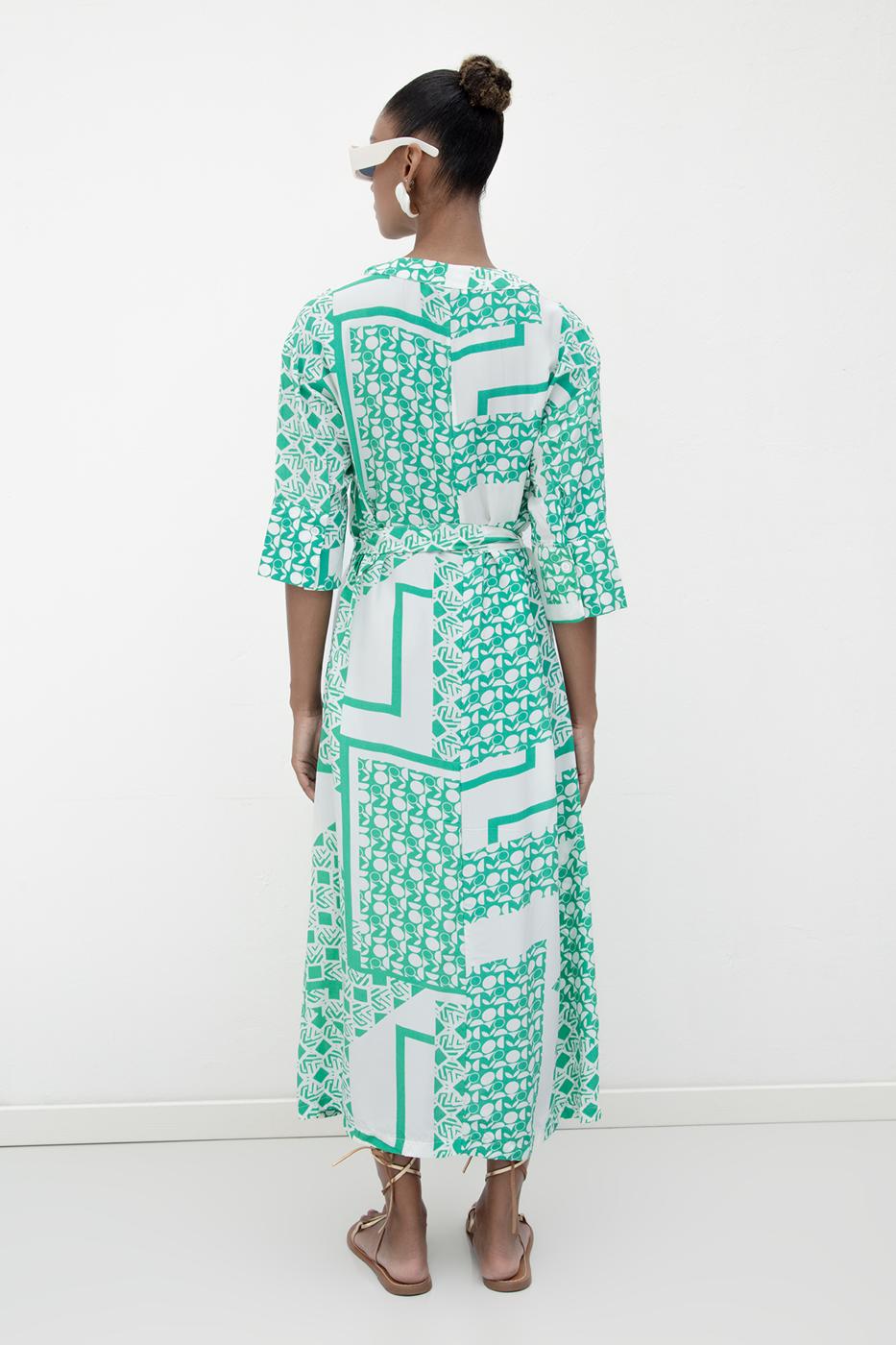 Three Quarter Sleeve Midi Patterned Dress Green