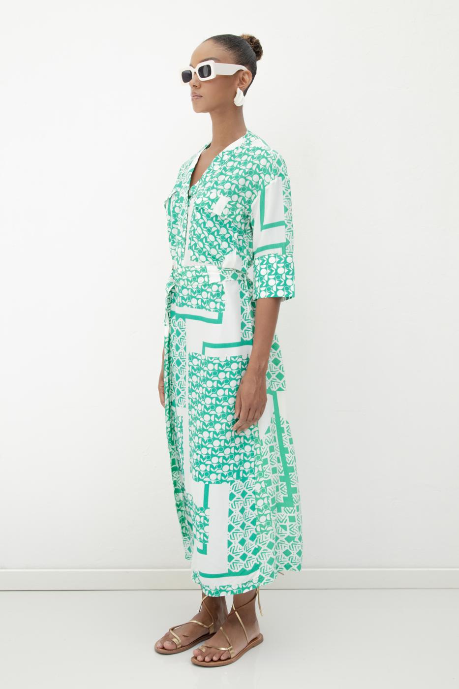 Three Quarter Sleeve Midi Patterned Dress Green