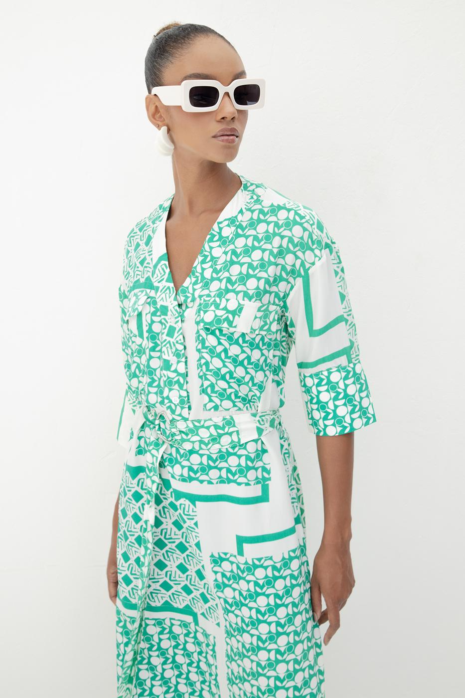 Three Quarter Sleeve Midi Patterned Dress Green