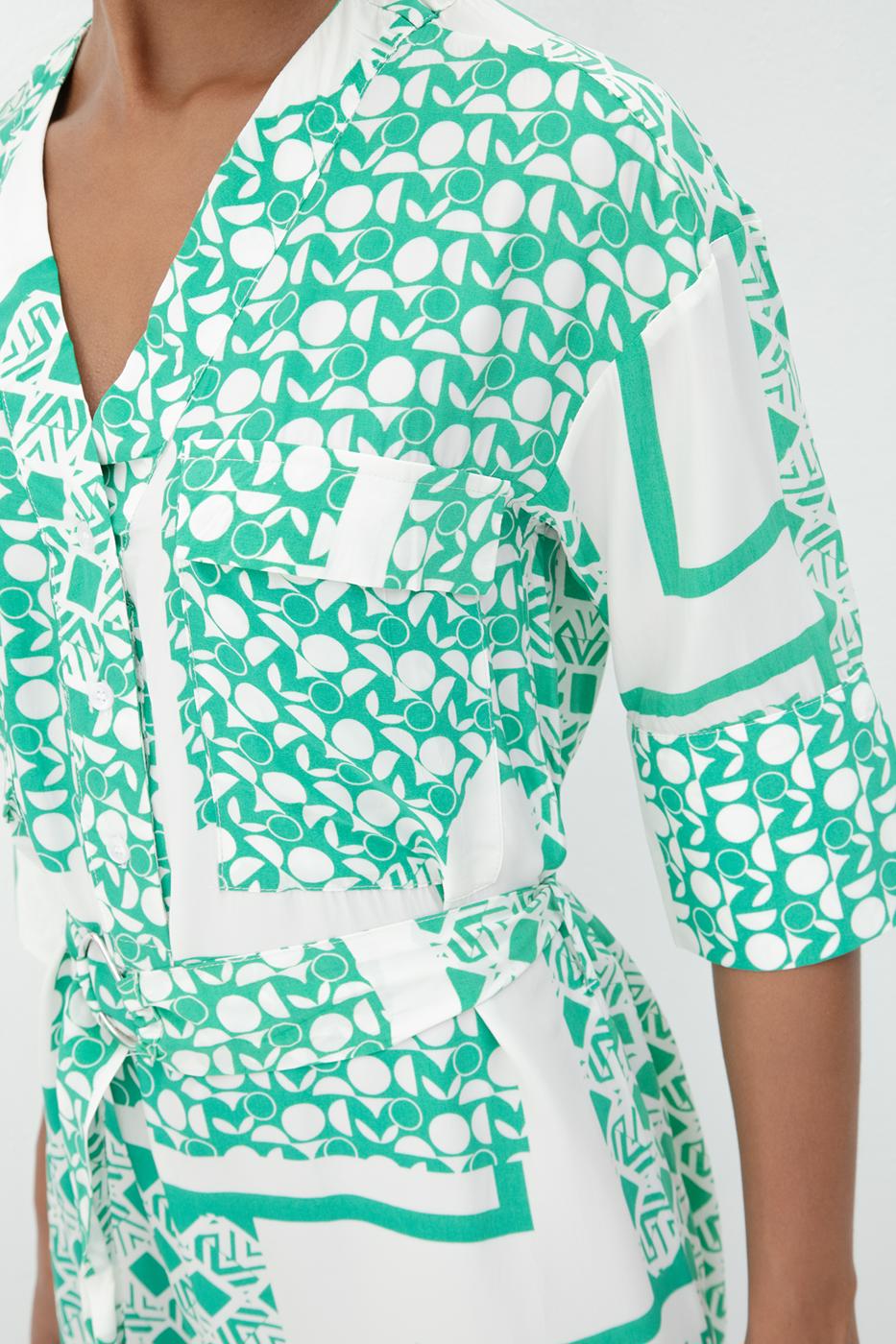 Three Quarter Sleeve Midi Patterned Dress Green