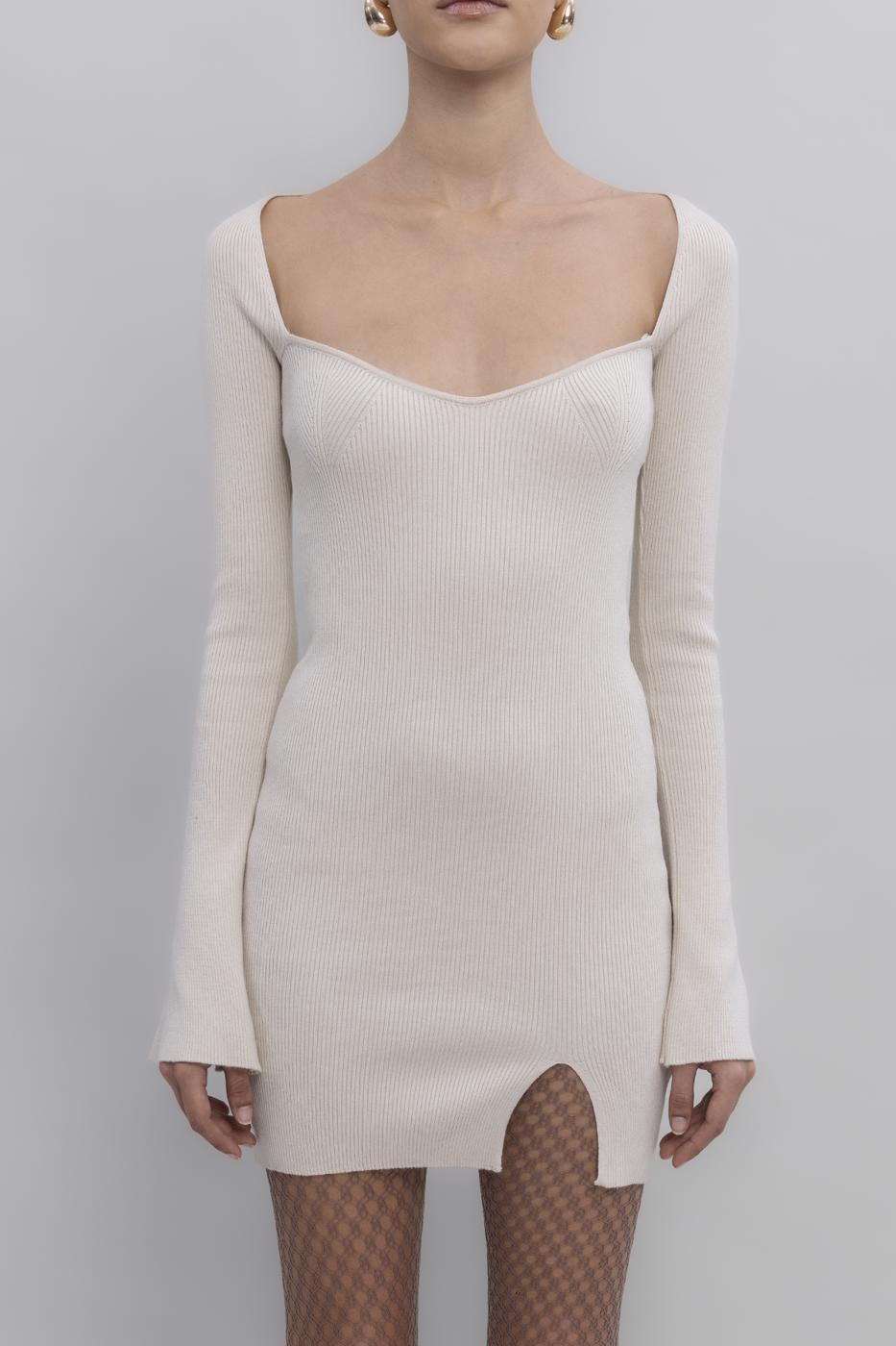 Long Sleeve Kiss Collar Slit Detailed Mini Knit Dress