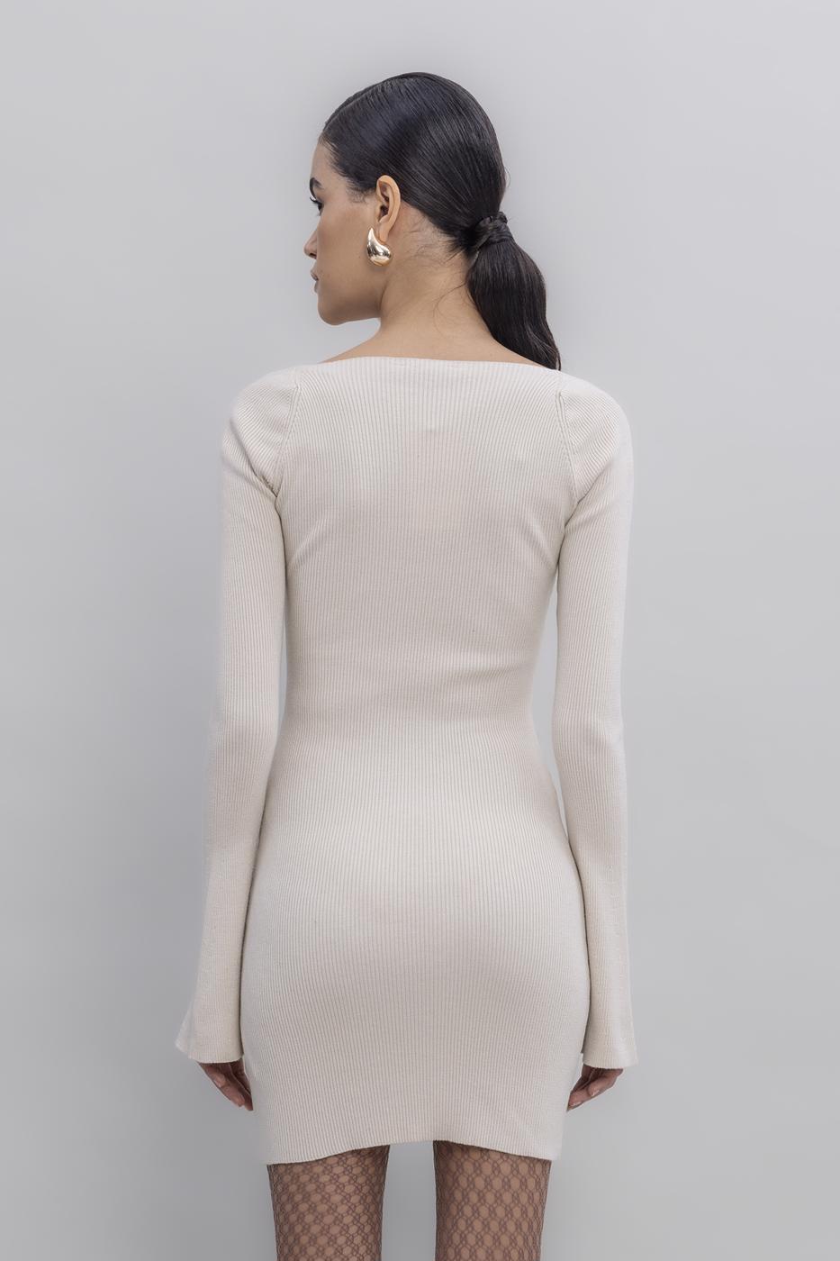 Long Sleeve Kiss Collar Slit Detailed Mini Knit Dress