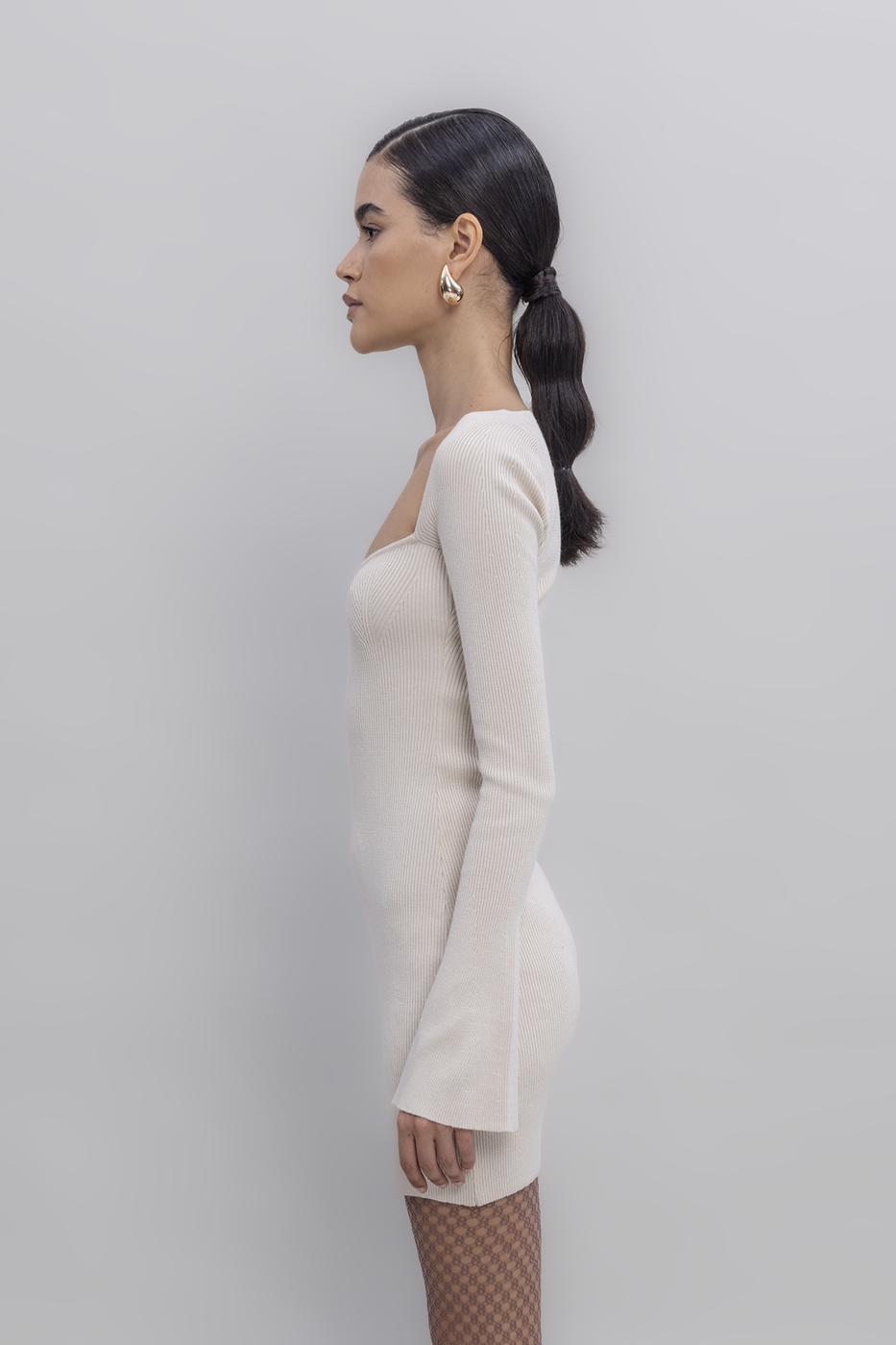 Long Sleeve Kiss Collar Slit Detailed Mini Knit Dress