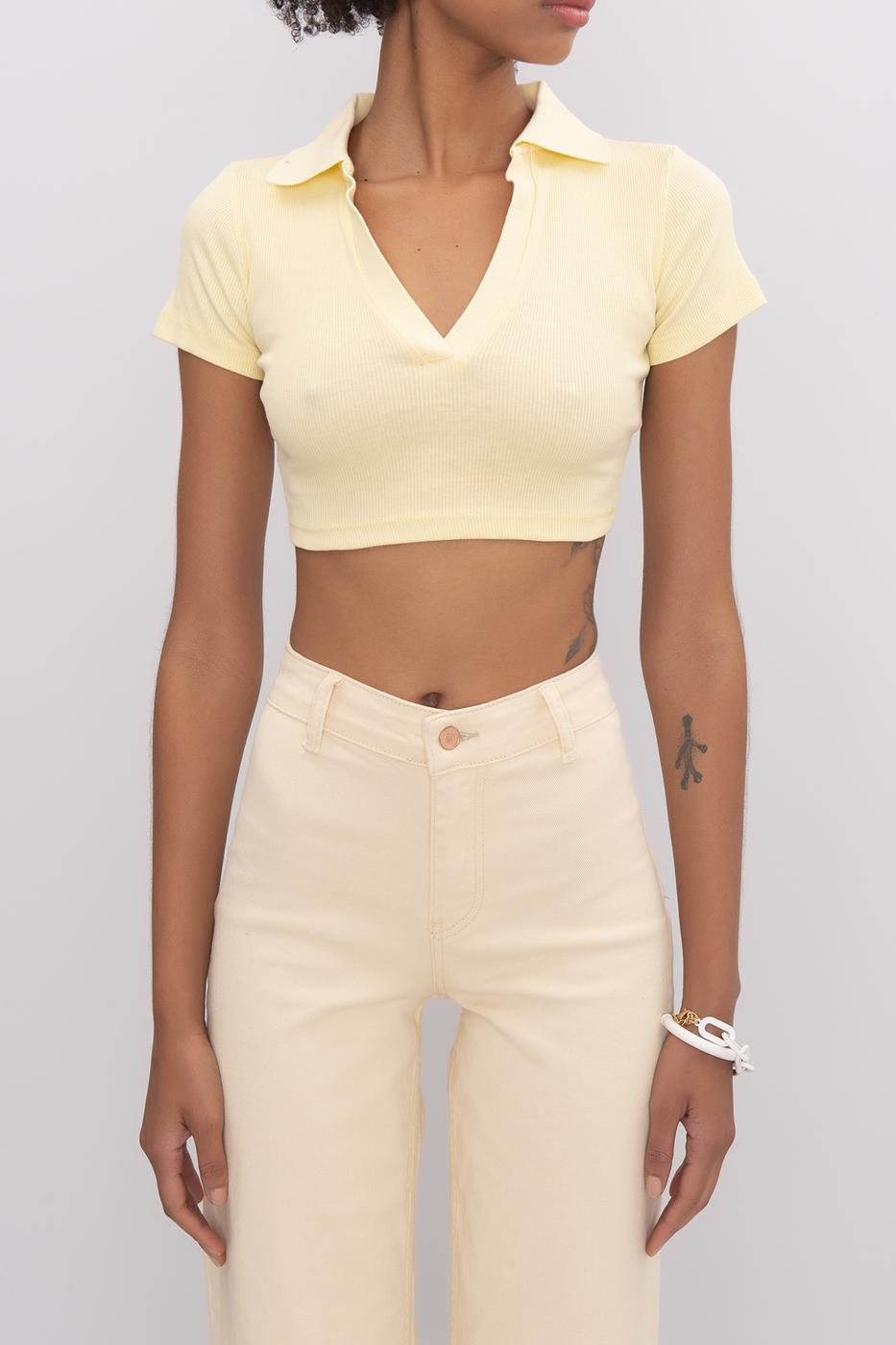 V-Cut Short Sleeve Polo Neck Crop Body Lıght yellow