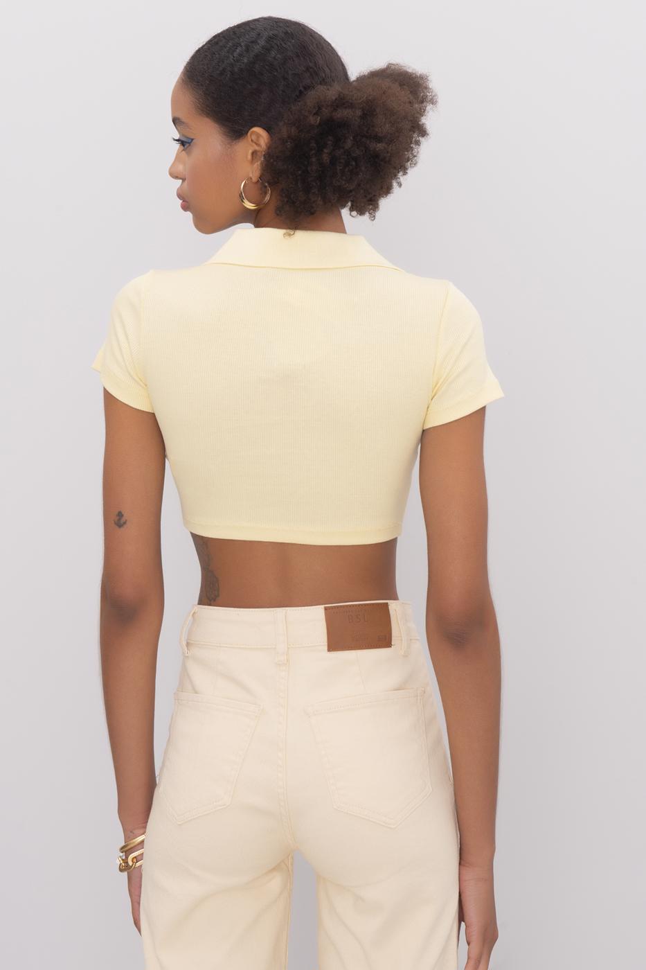 V-Cut Short Sleeve Polo Neck Crop Body Lıght yellow