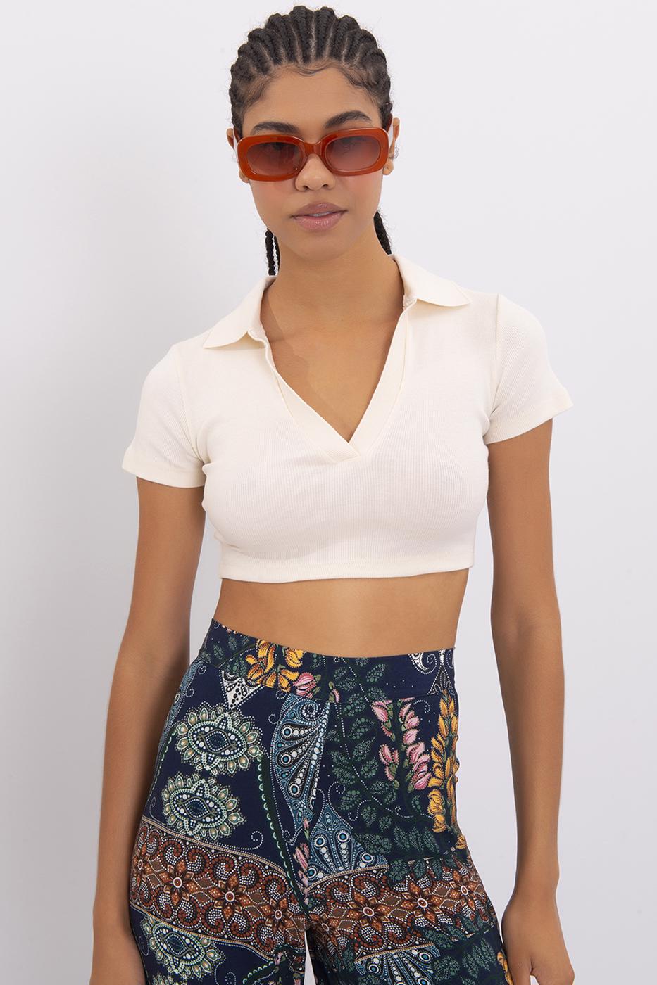 V-Cut Short Sleeve Polo Neck Crop Body Beige