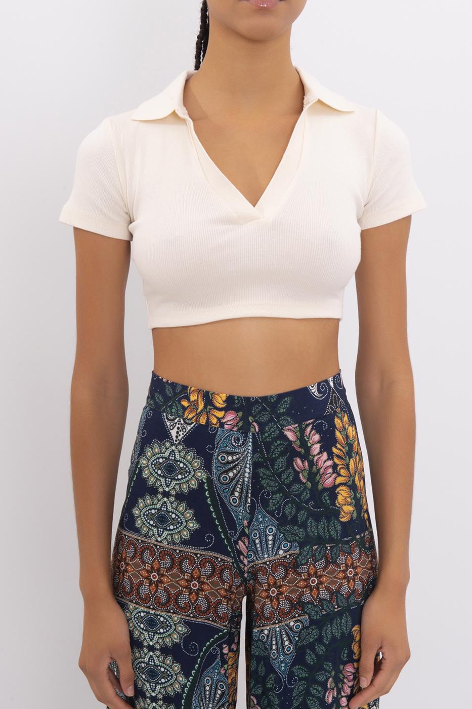 V-Cut Short Sleeve Polo Neck Crop Body Beige