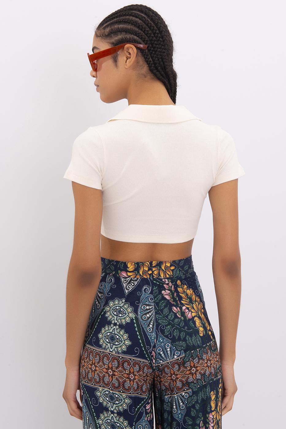 V-Cut Short Sleeve Polo Neck Crop Body Beige