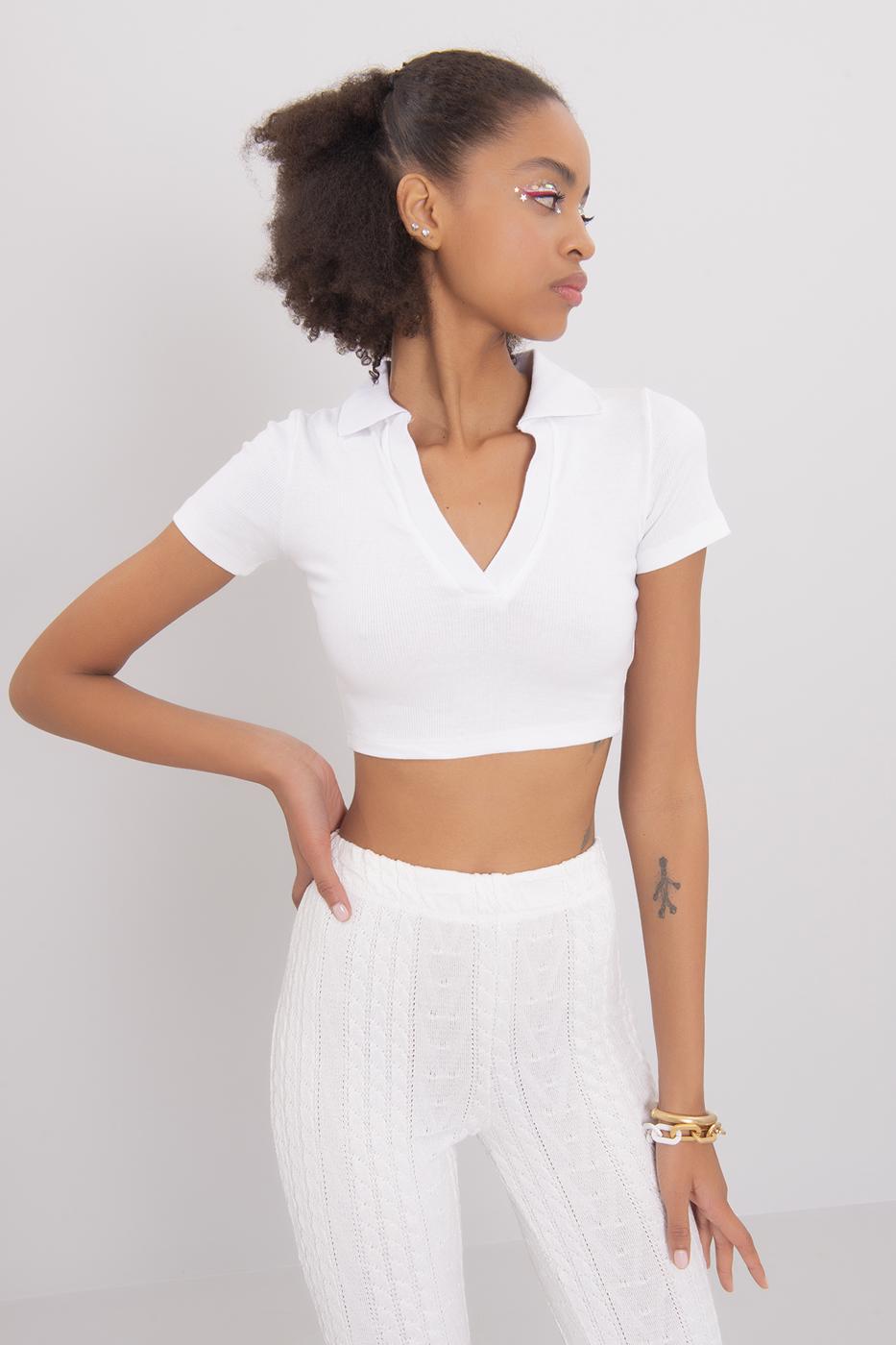 V-Cut Short Sleeve Polo Neck Crop Body White