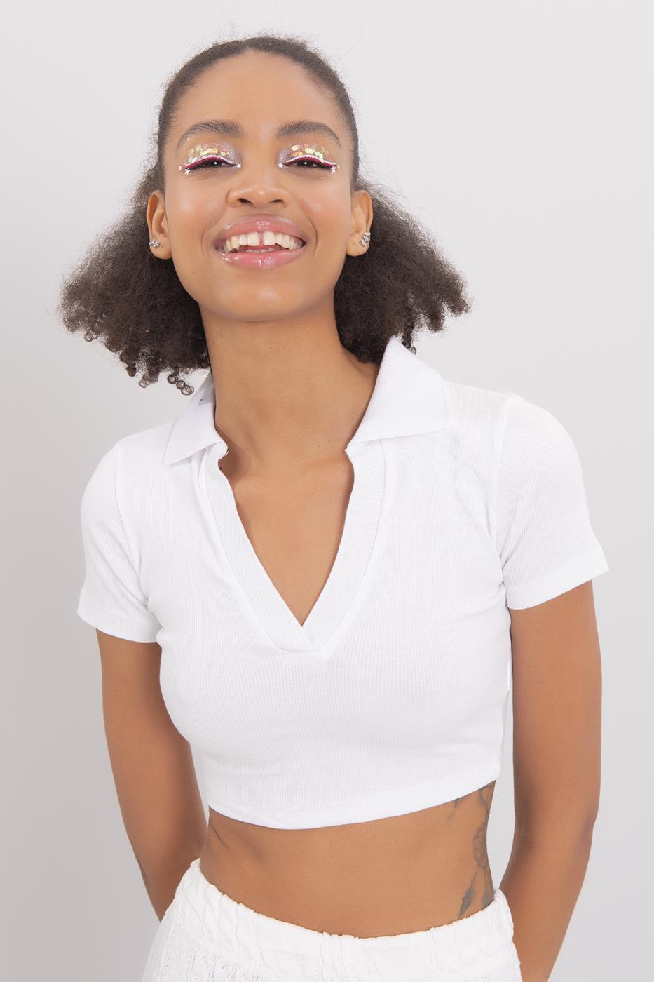 V-Cut Short Sleeve Polo Neck Crop Body White