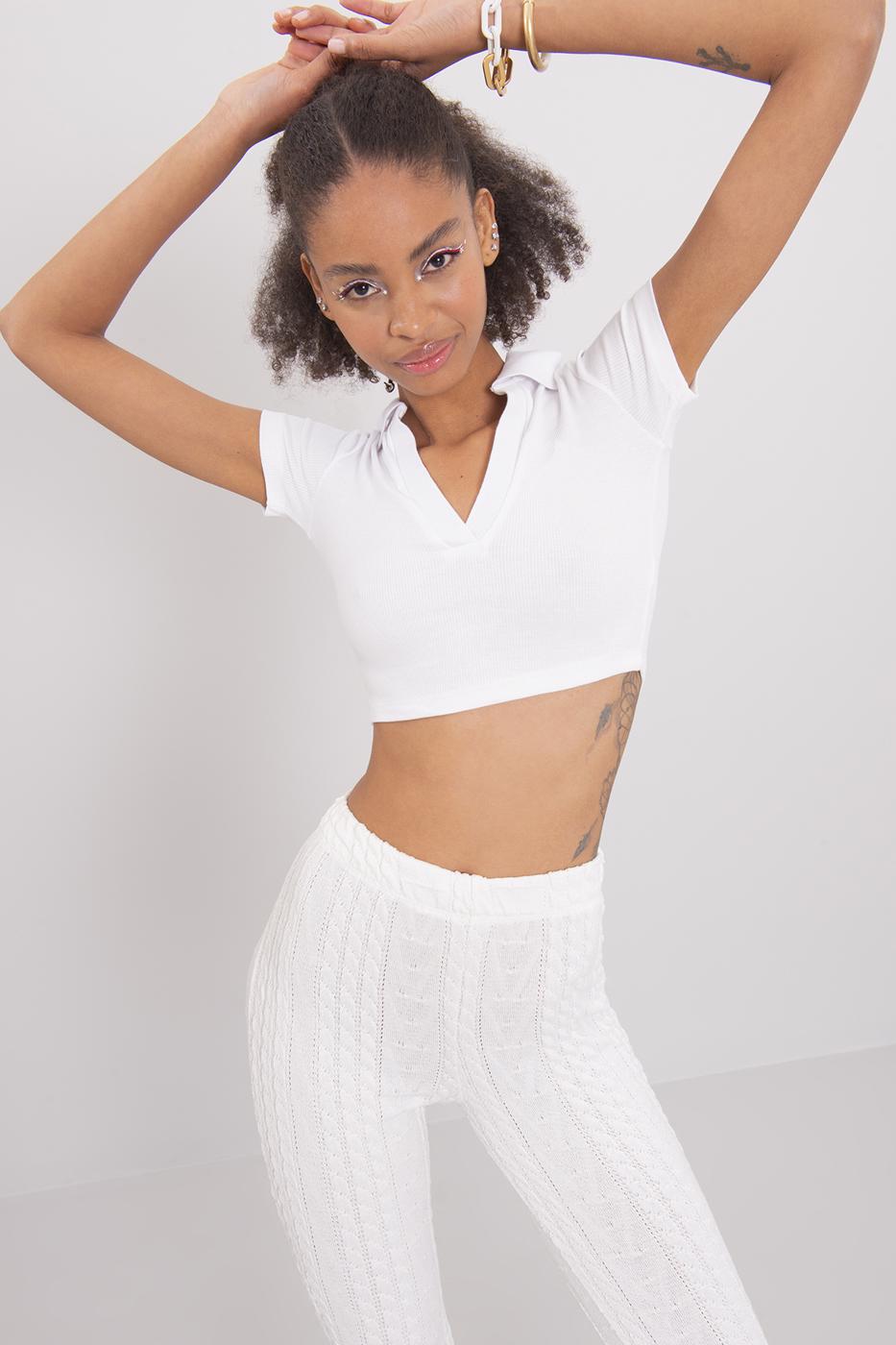 V-Cut Short Sleeve Polo Neck Crop Body White