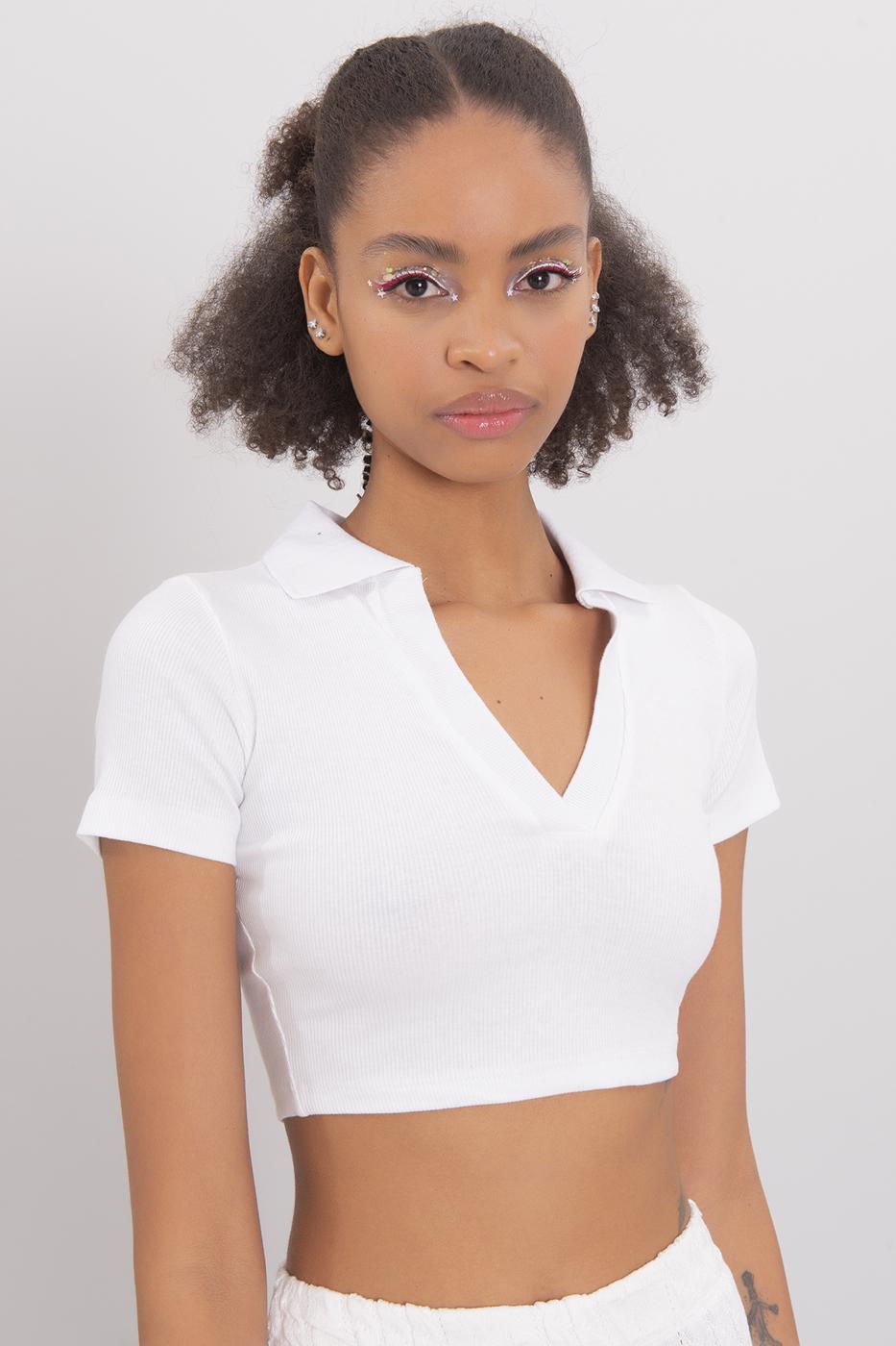 V-Cut Short Sleeve Polo Neck Crop Body White