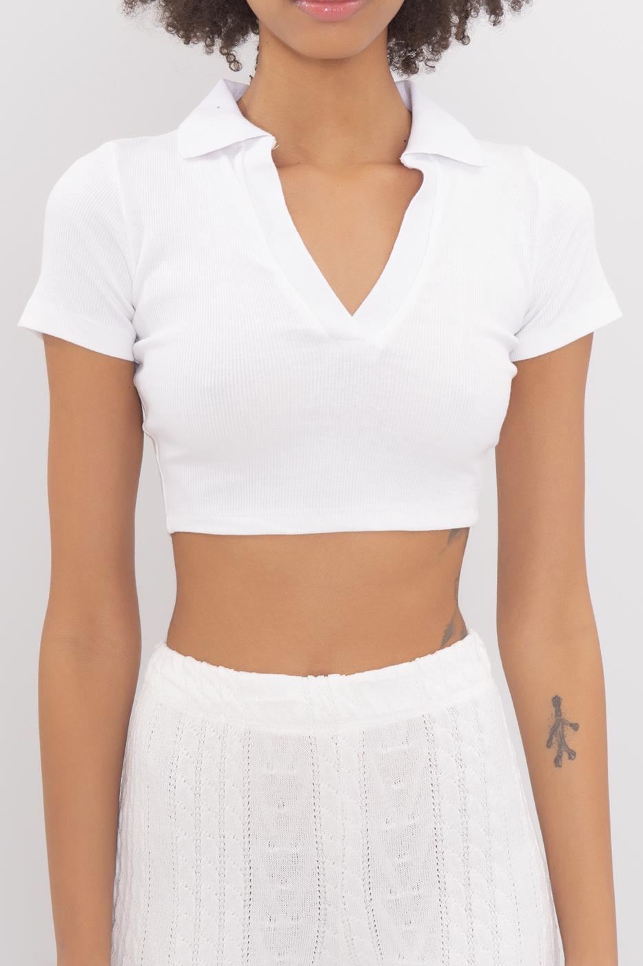 V-Cut Short Sleeve Polo Neck Crop Body White