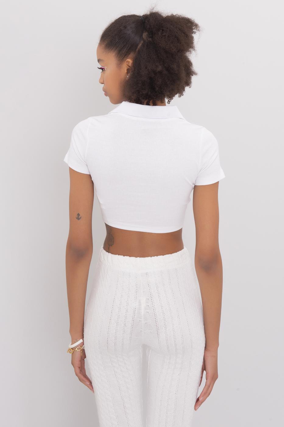 V-Cut Short Sleeve Polo Neck Crop Body White