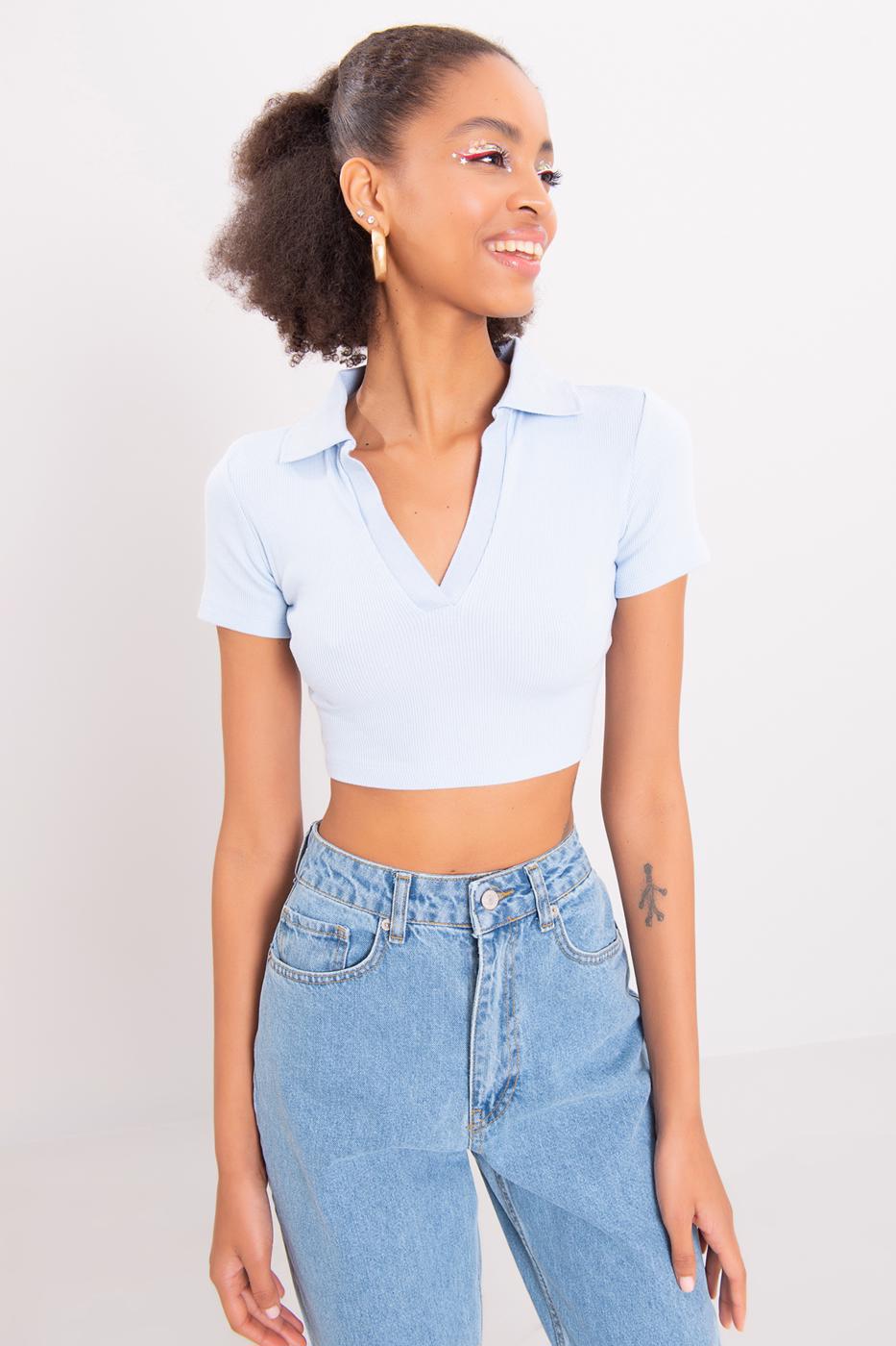 V-Cut Short Sleeve Polo Neck Crop Body Ice blue