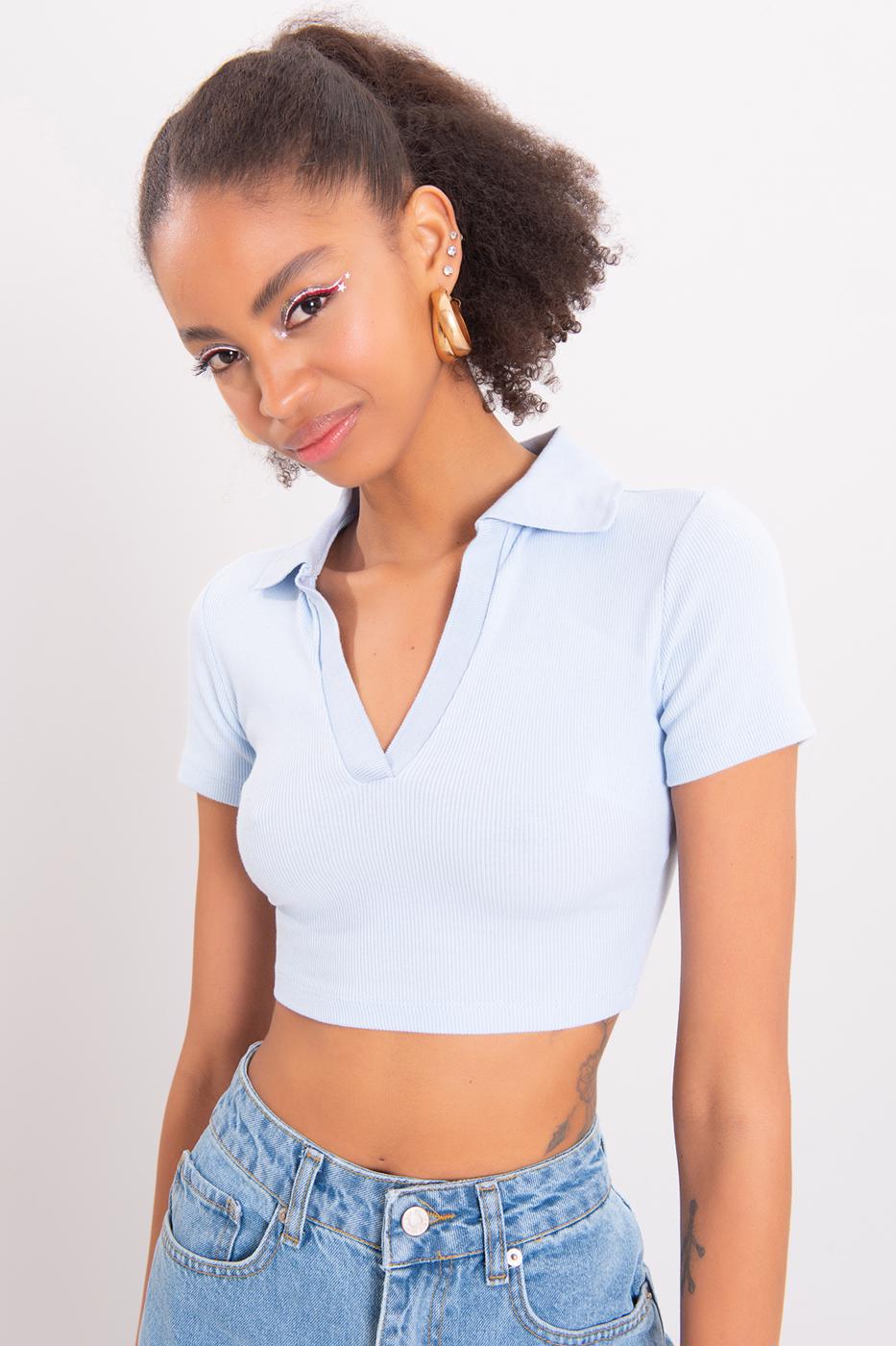 V-Cut Short Sleeve Polo Neck Crop Body Ice blue