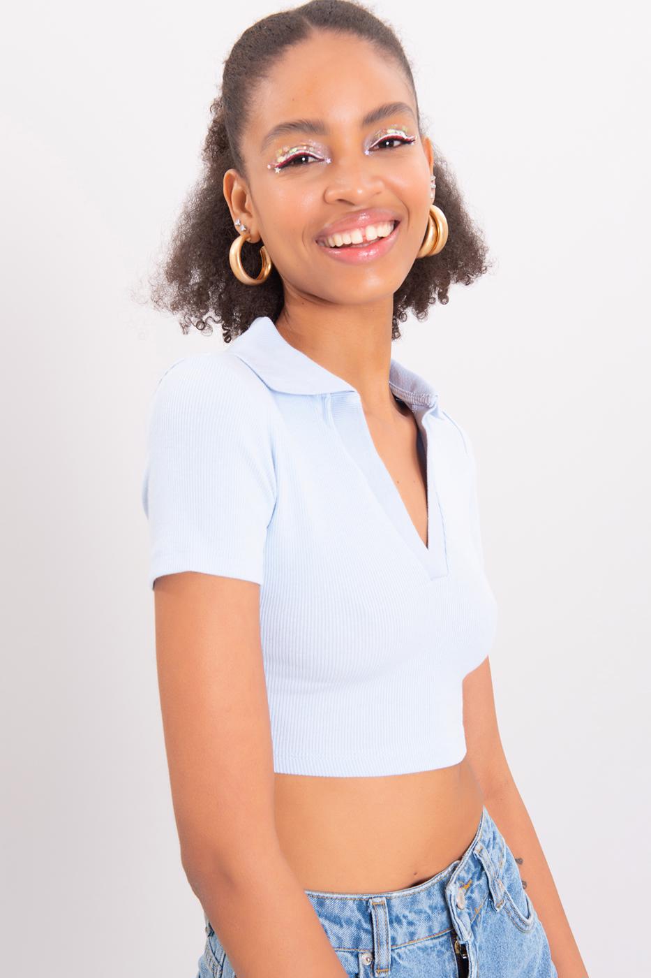 V-Cut Short Sleeve Polo Neck Crop Body Ice blue