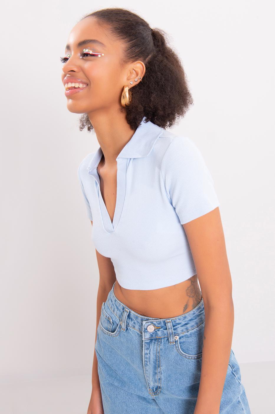 V-Cut Short Sleeve Polo Neck Crop Body Ice blue