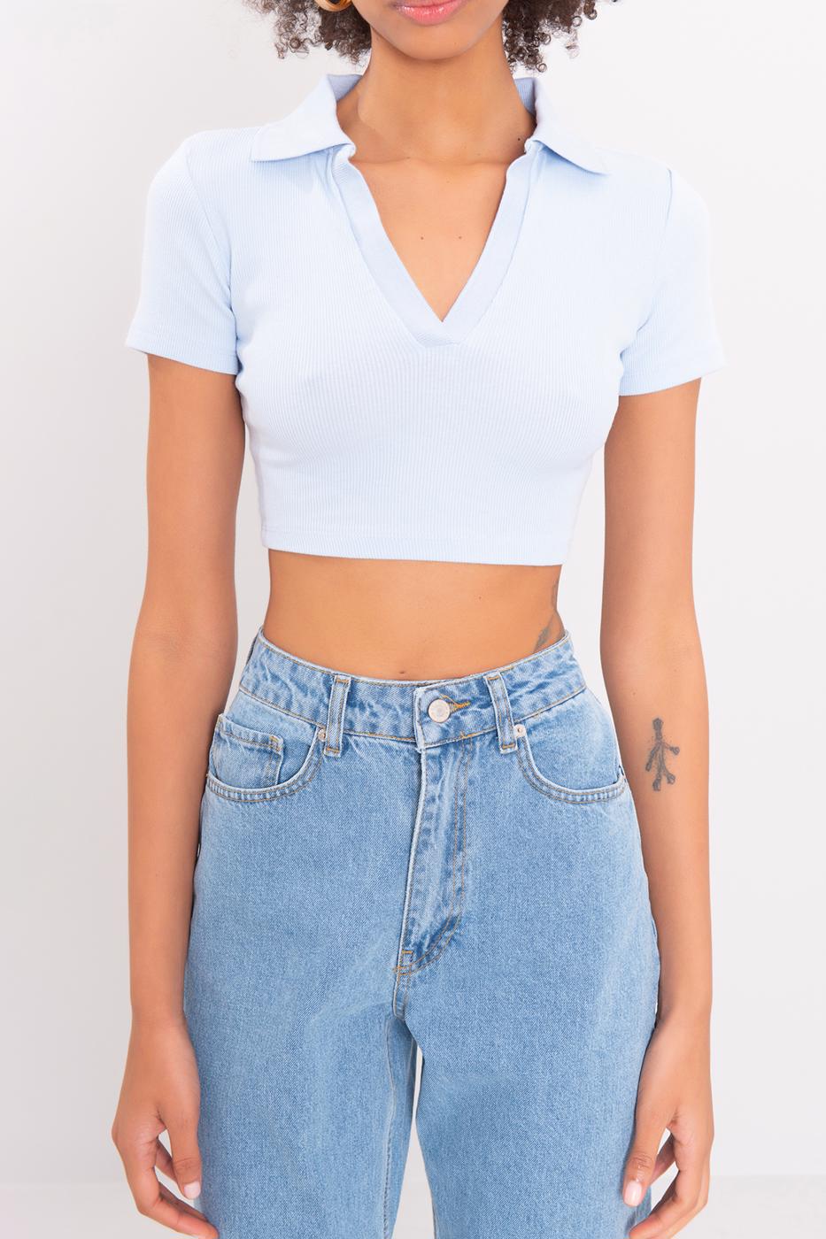 V-Cut Short Sleeve Polo Neck Crop Body Ice blue