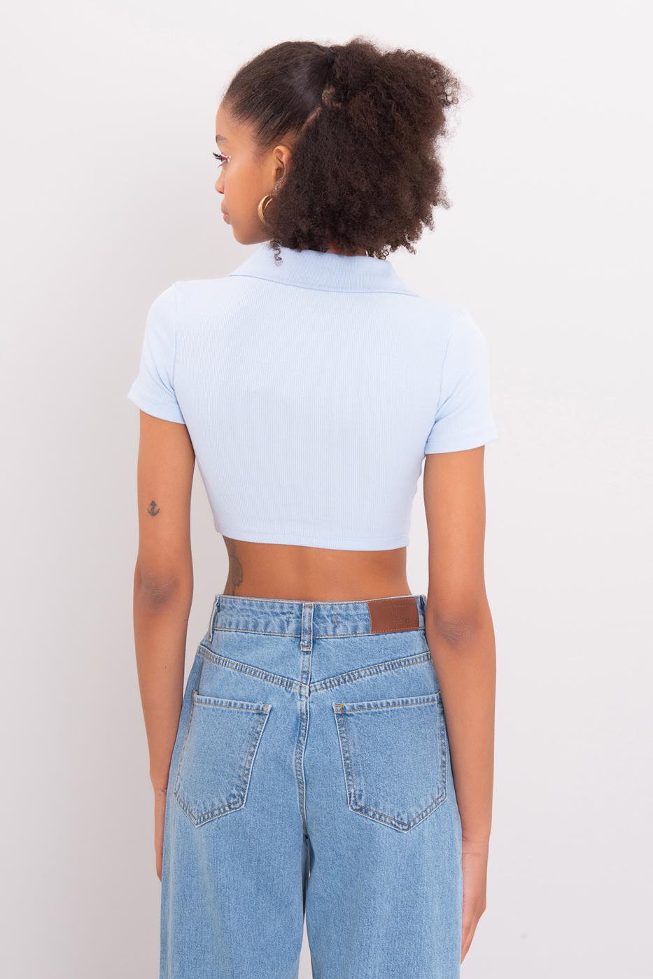 V-Cut Short Sleeve Polo Neck Crop Body Ice blue