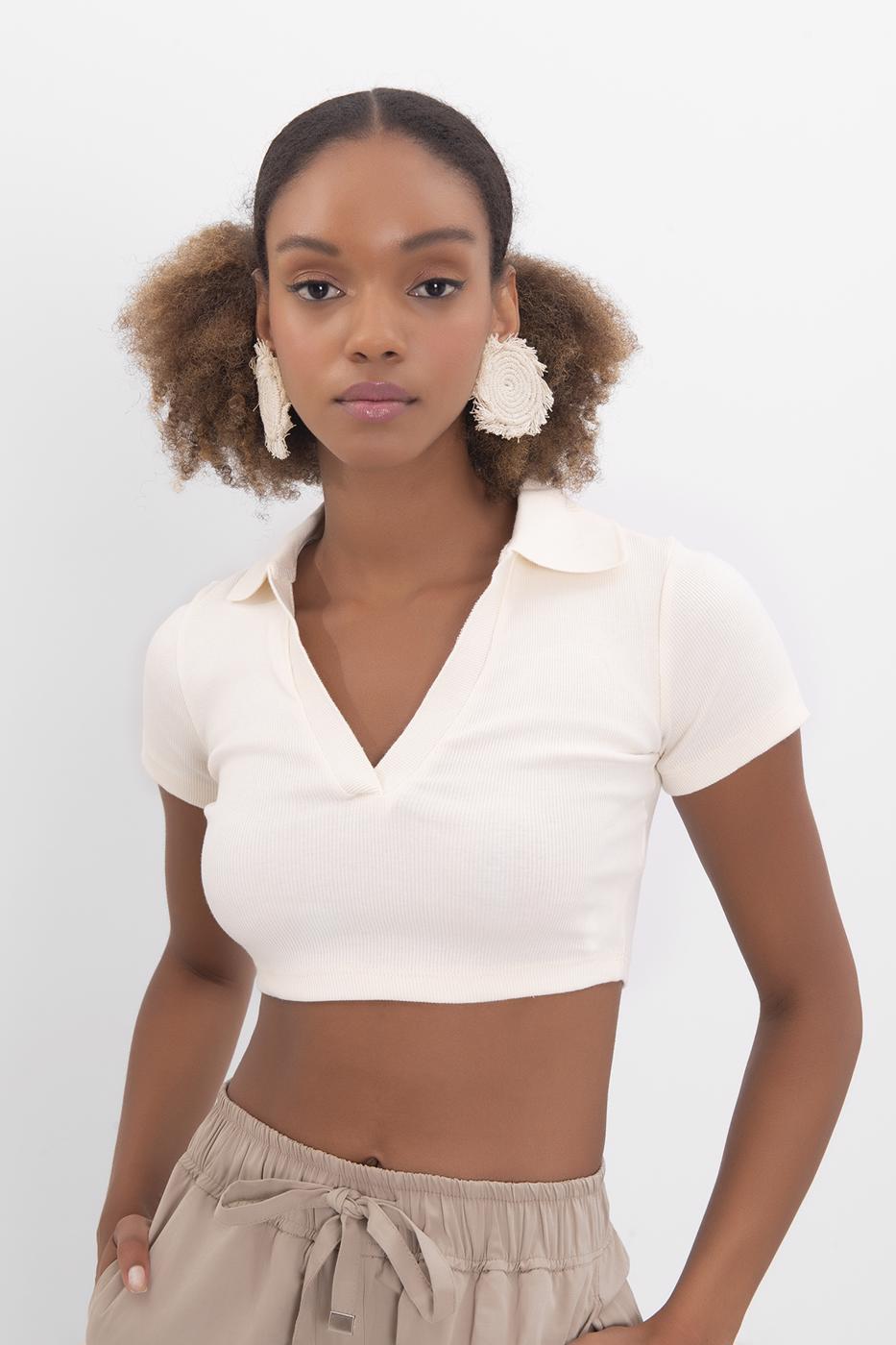 V-Cut Short Sleeve Polo Neck Crop Body Cream