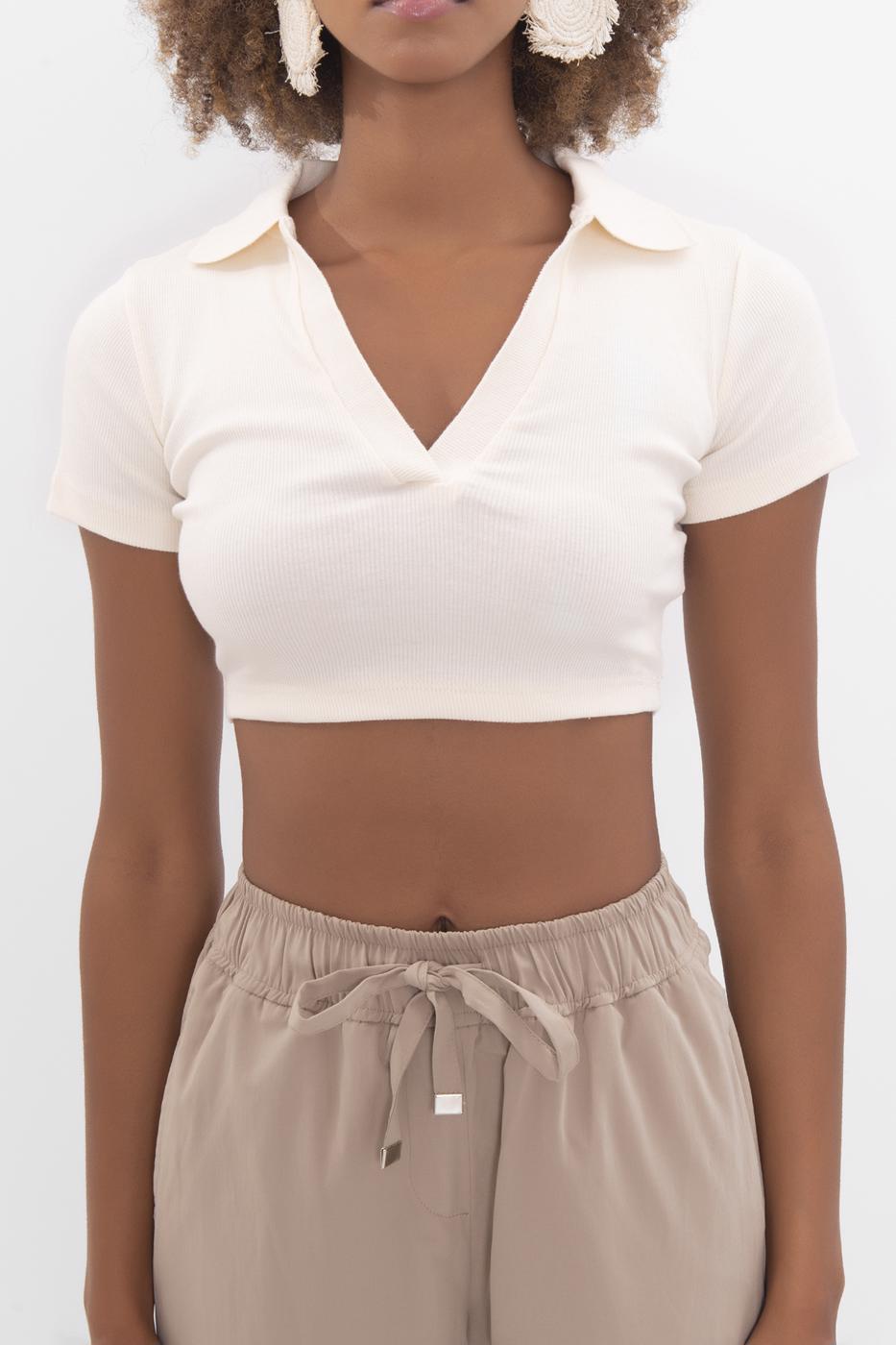 V-Cut Short Sleeve Polo Neck Crop Body Cream